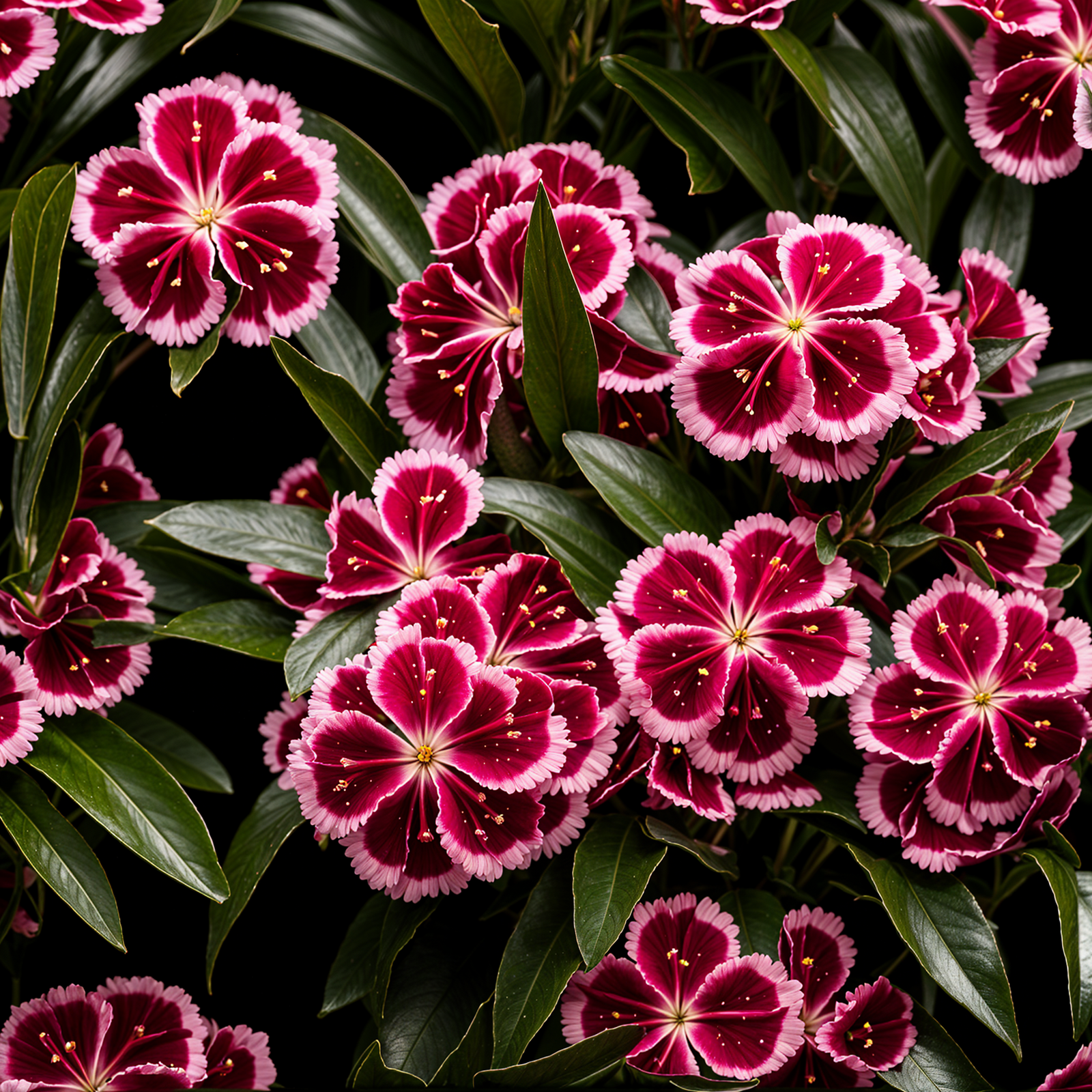 Dianthus barbatus plant with flower in a planter, set against a dark background in clear indoor lighting.