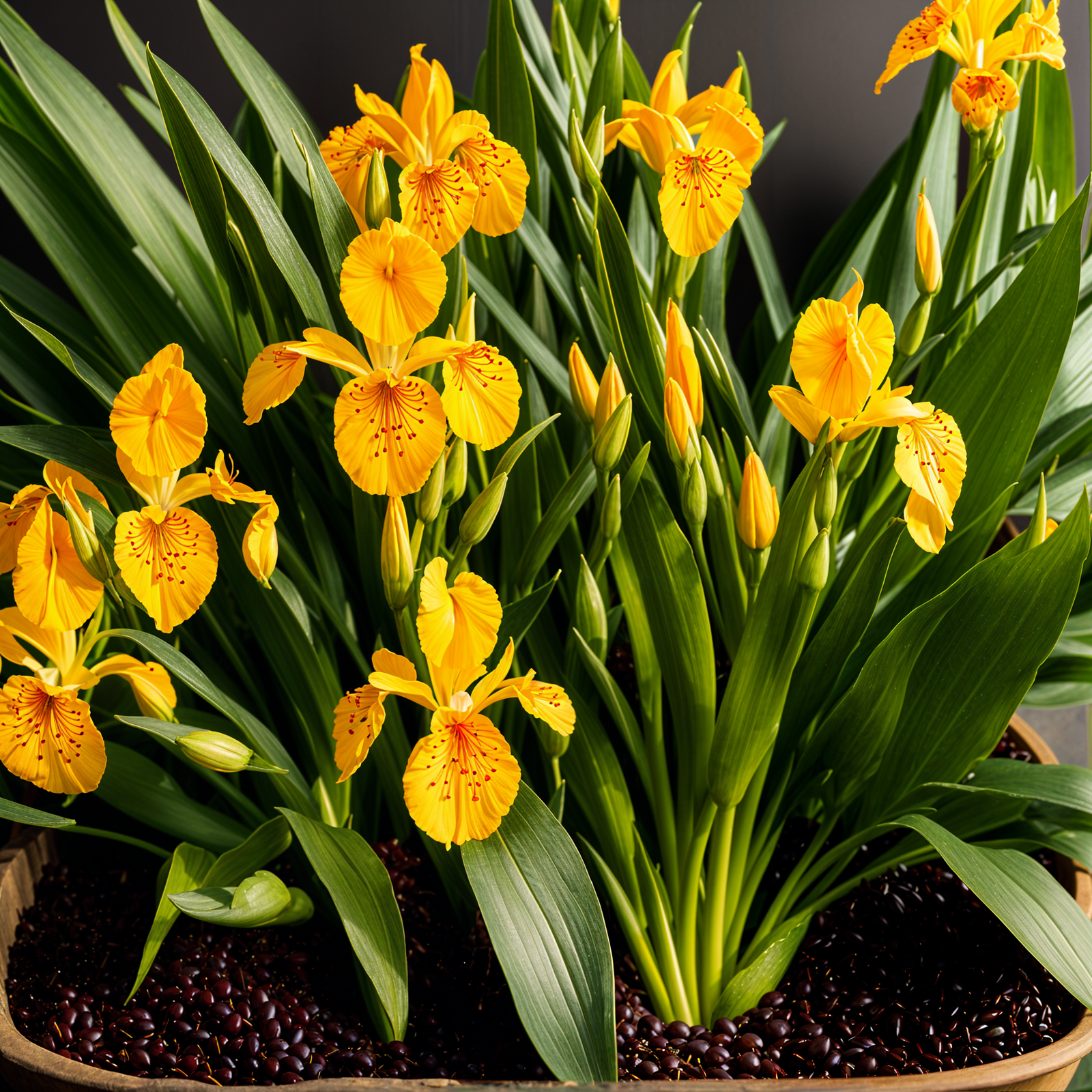 Iris pseudacorus plant with flower in a planter, under clear lighting, against a dark background.