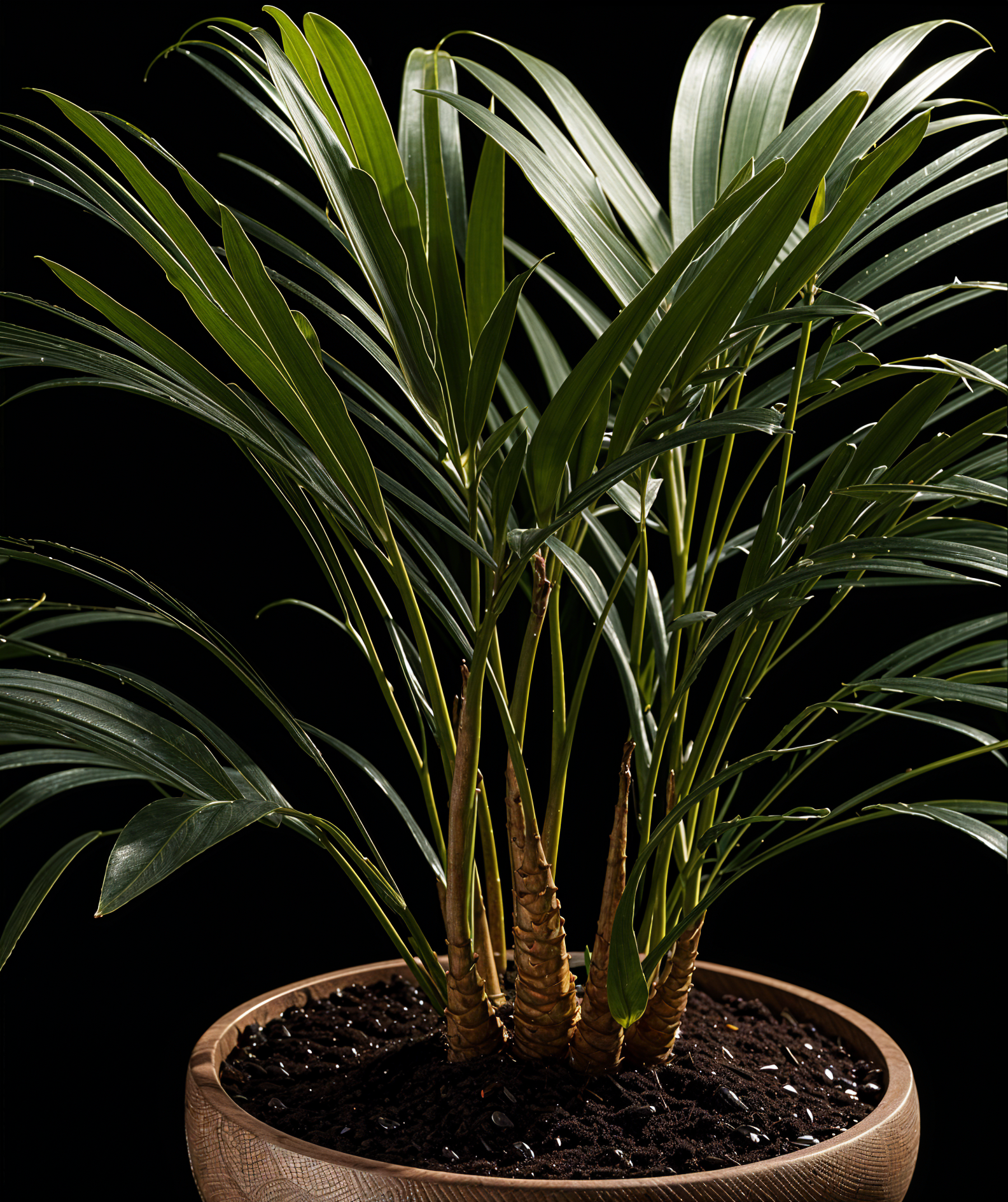 Highly detailed Howea forsteriana in a planter, with clear lighting and a dark background.