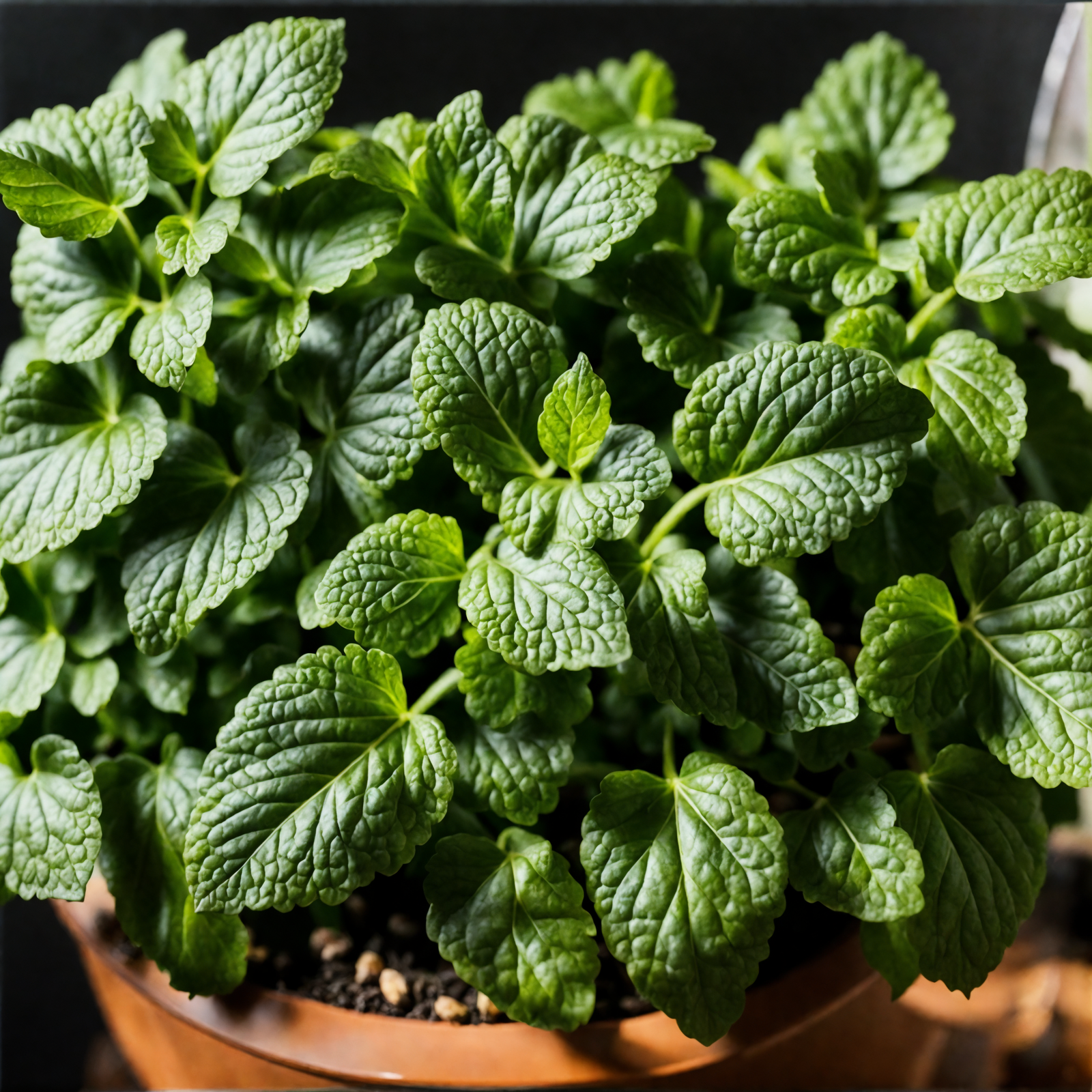 Melissa officinalis (lemon balm) in a brown planter, clear lighting, against a dark background.