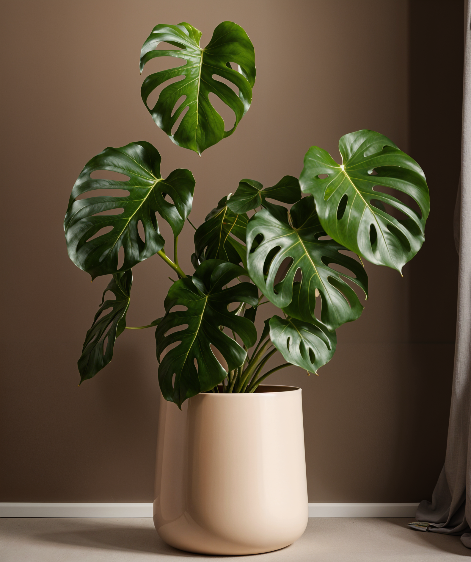 Monstera deliciosa plant with detailed leaves in a planter, set against a dark background indoors.