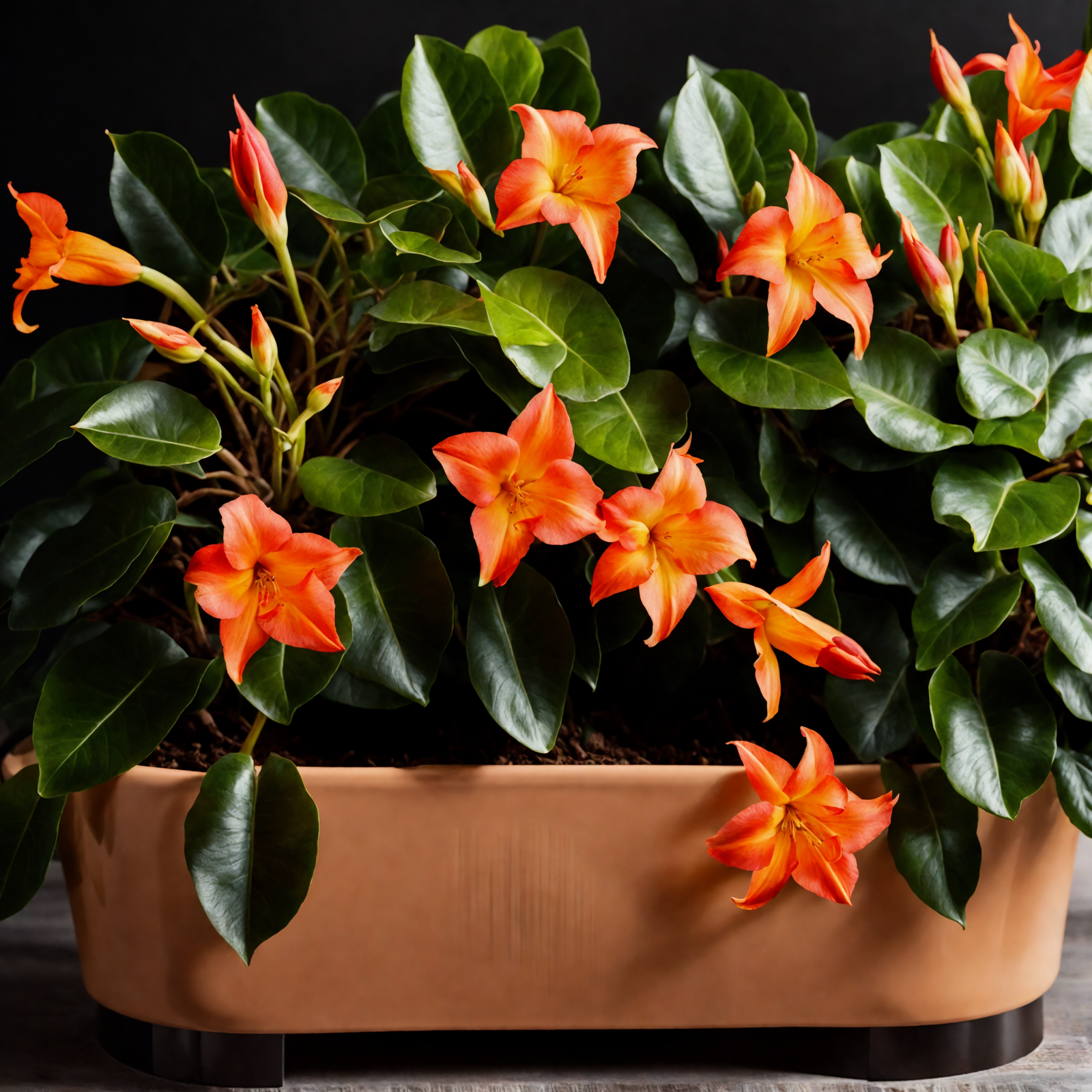 Red Mandevilla sanderi flowers in a brown vase on a wooden surface, with clear lighting and a dark background.