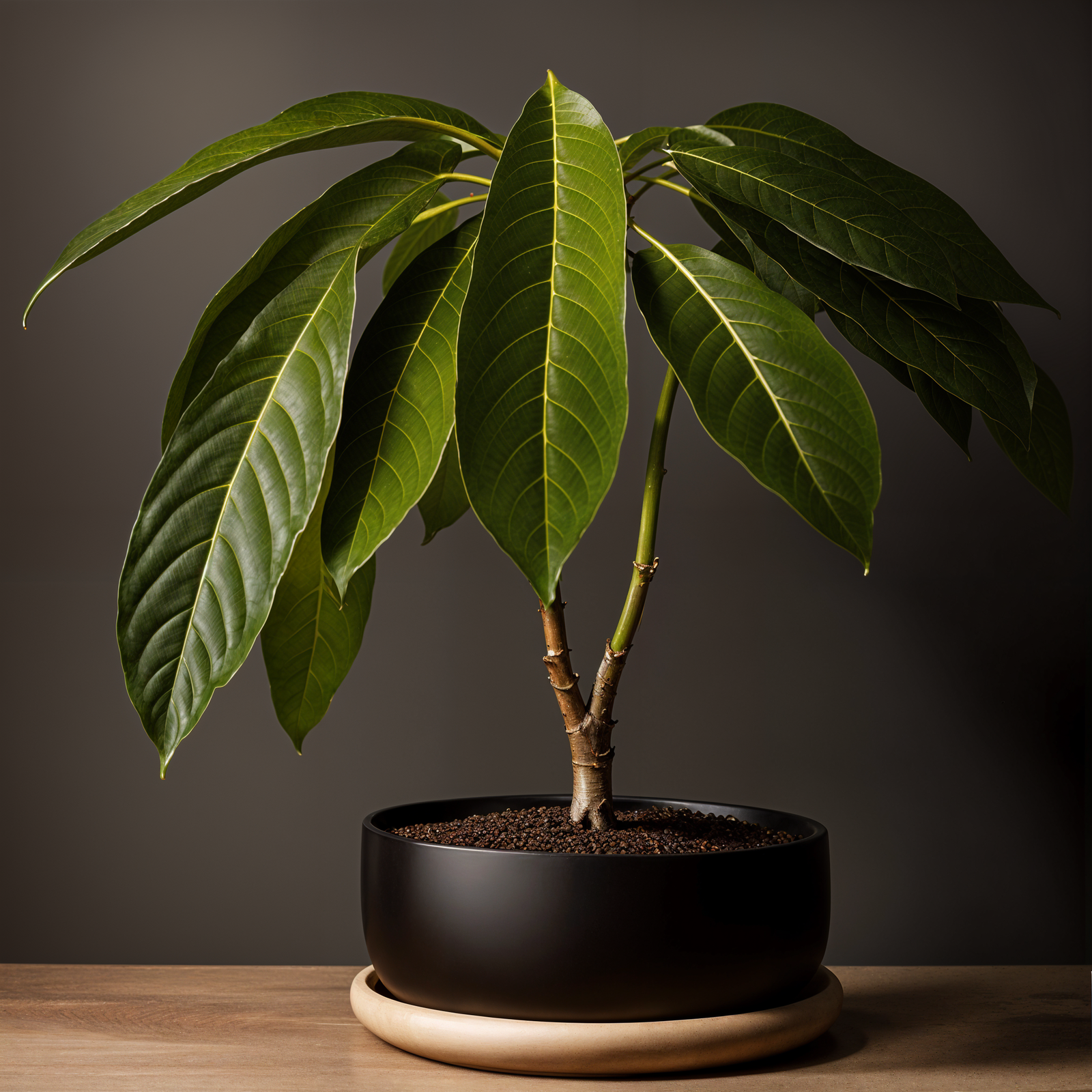 Highly detailed Persea americana (avocado tree) in a planter, with clear lighting and a dark background.