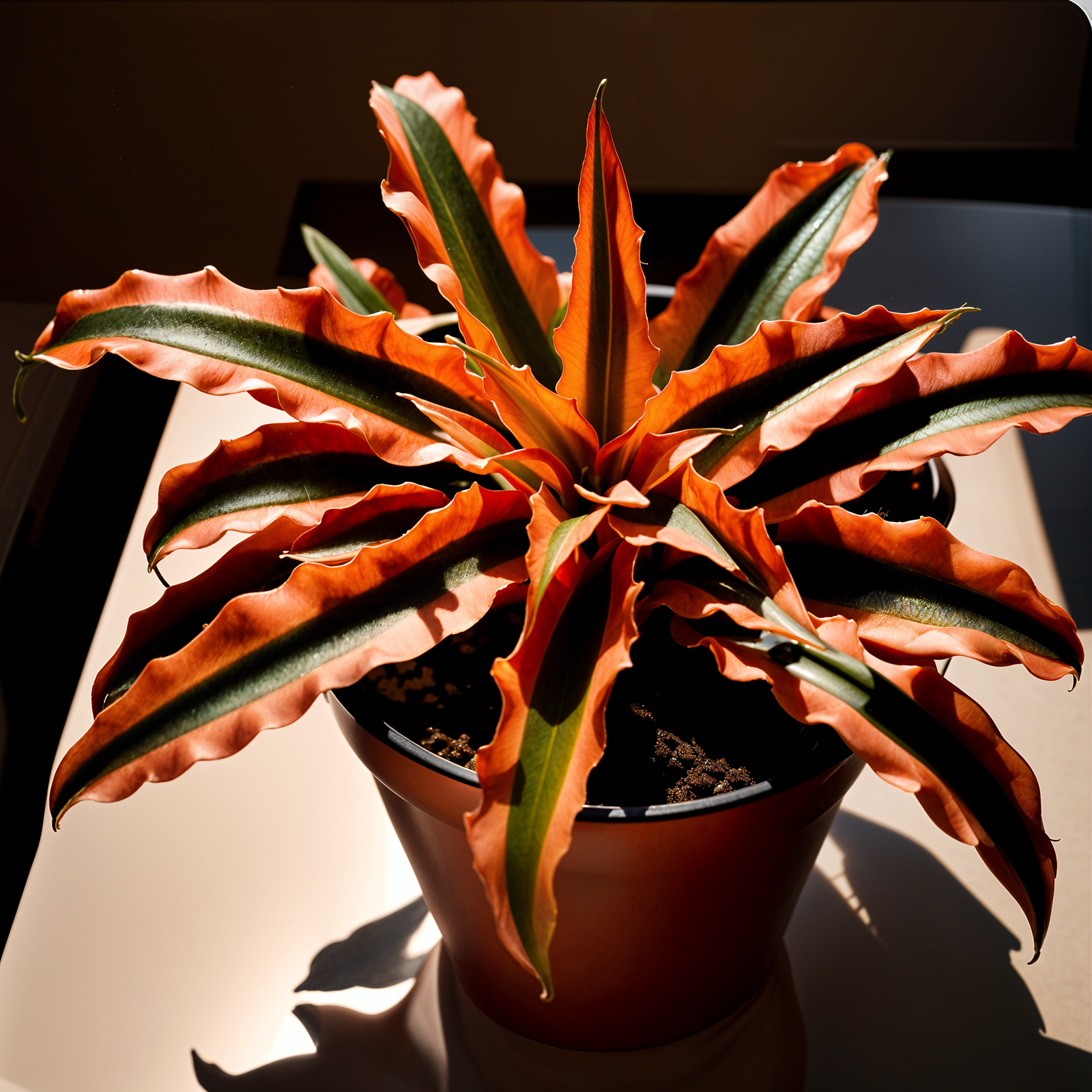 Hyper-realistic image of Cryptanthus bivittatus in a planter, with clear lighting and a dark background.