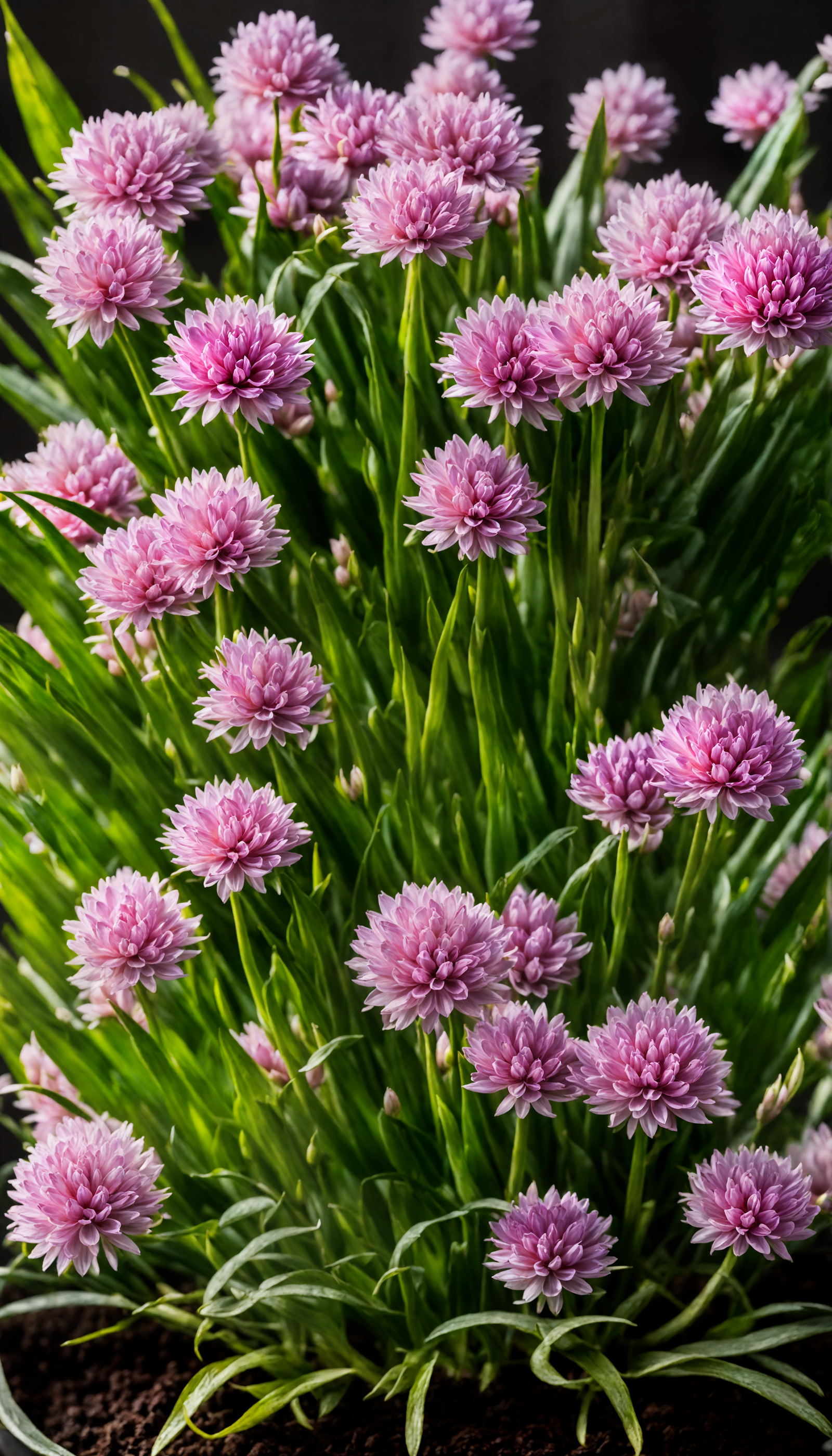Cluster of Allium schoenoprasum (chives) with pink flowers in a planter, clear lighting, dark background.
