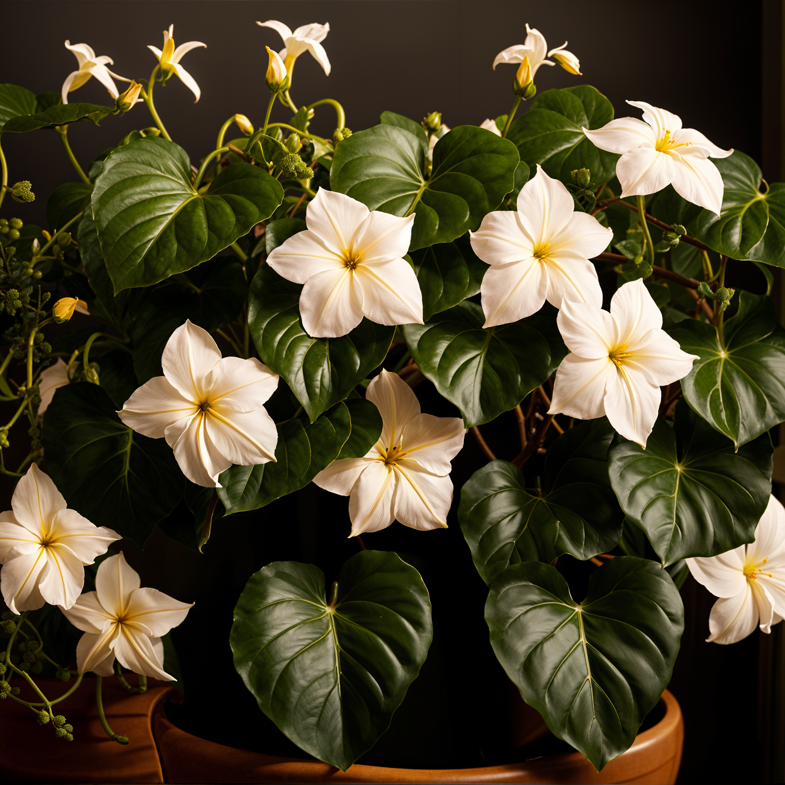 Ipomoea alba, or moonflower, in a planter with a vine and flower, in clear indoor lighting.