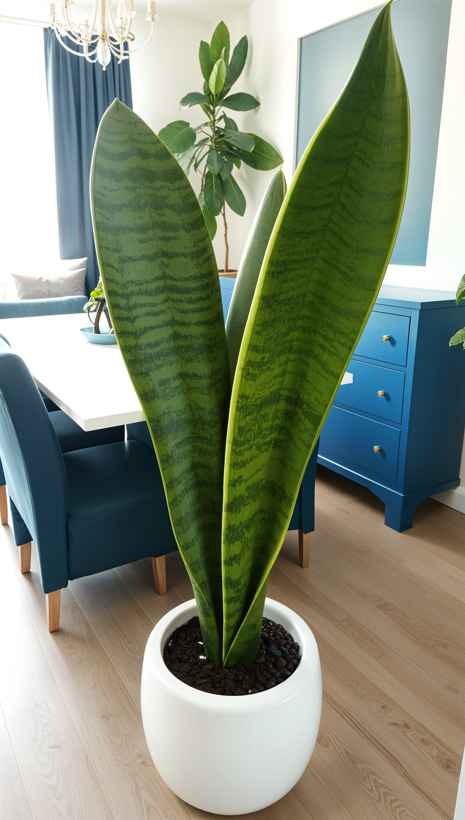 A large green Dracaena trifasciata plant in a white pot, in a modern room with natural lighting.
