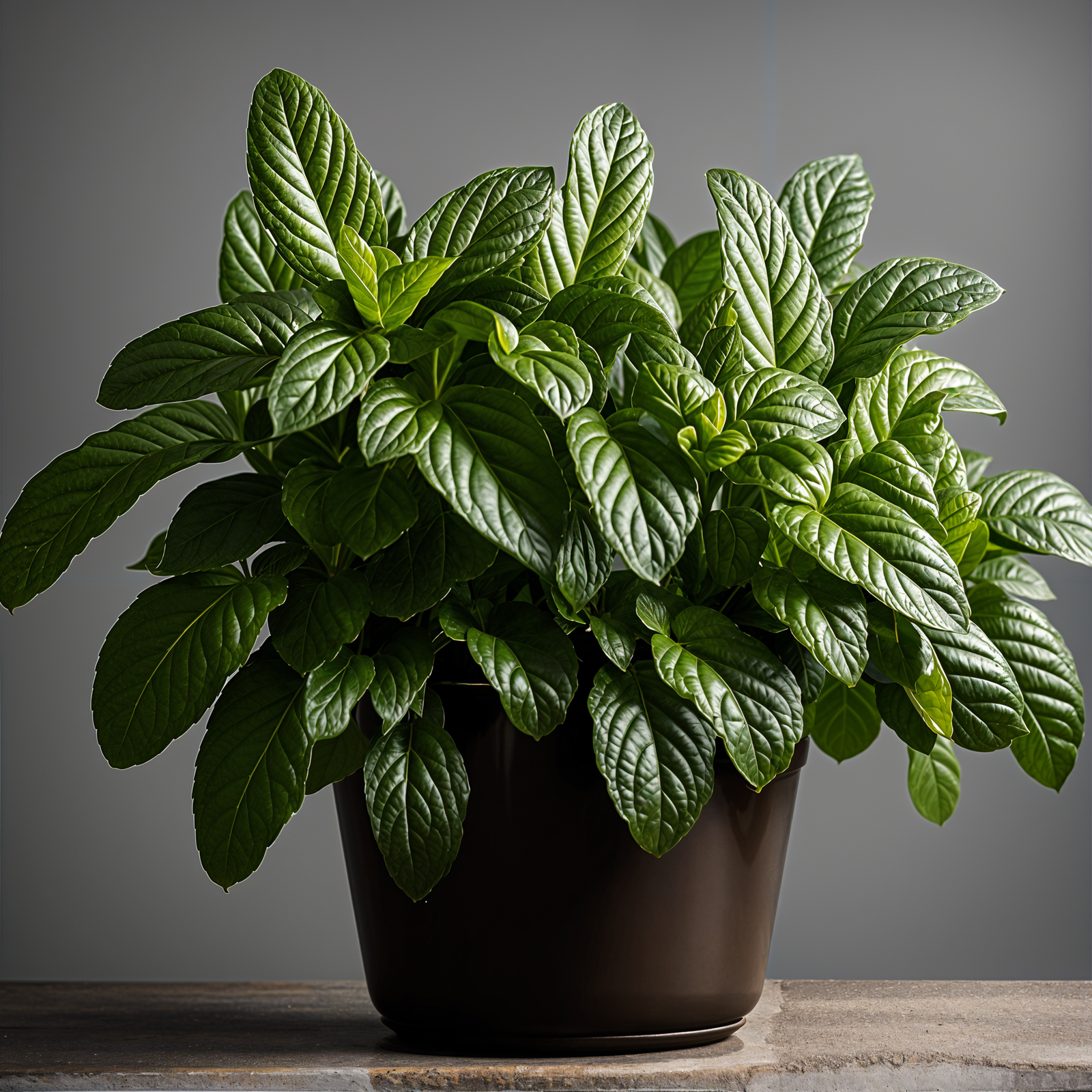 Mentha spicata (spearmint) in a planter, with detailed leaves, in a well-lit indoor setting.