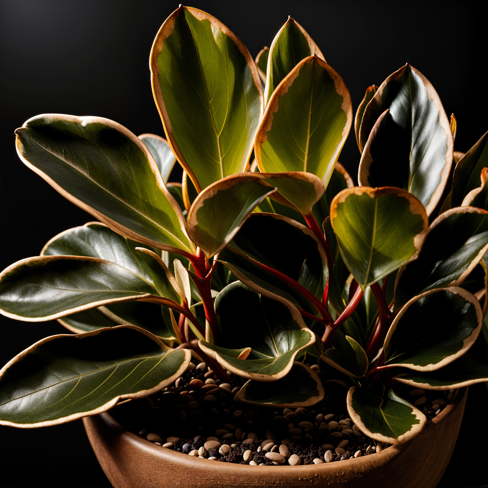 Peperomia clusiifolia plant with detailed leaves in a planter, set against a dark background.