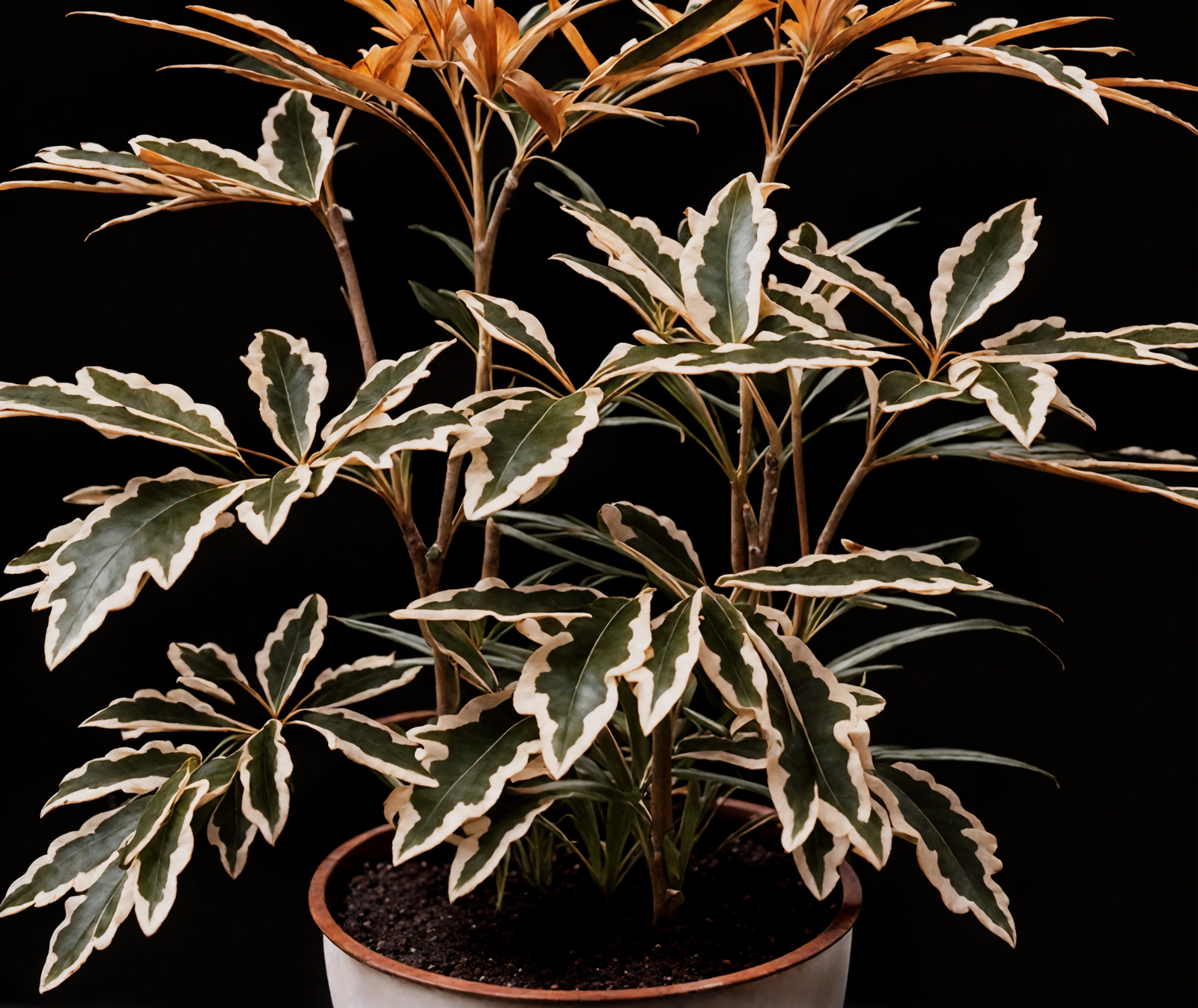Plerandra elegantissima in a vase on a table, with clear lighting and a dark background.