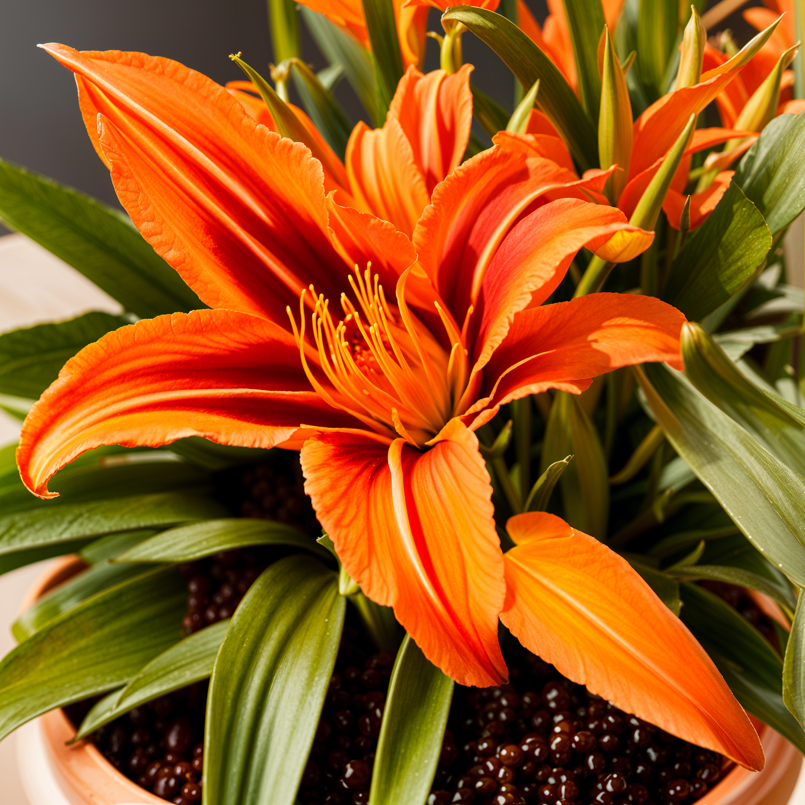 Hemerocallis fulva, or daylily, in a planter with a flower, under clear indoor lighting.