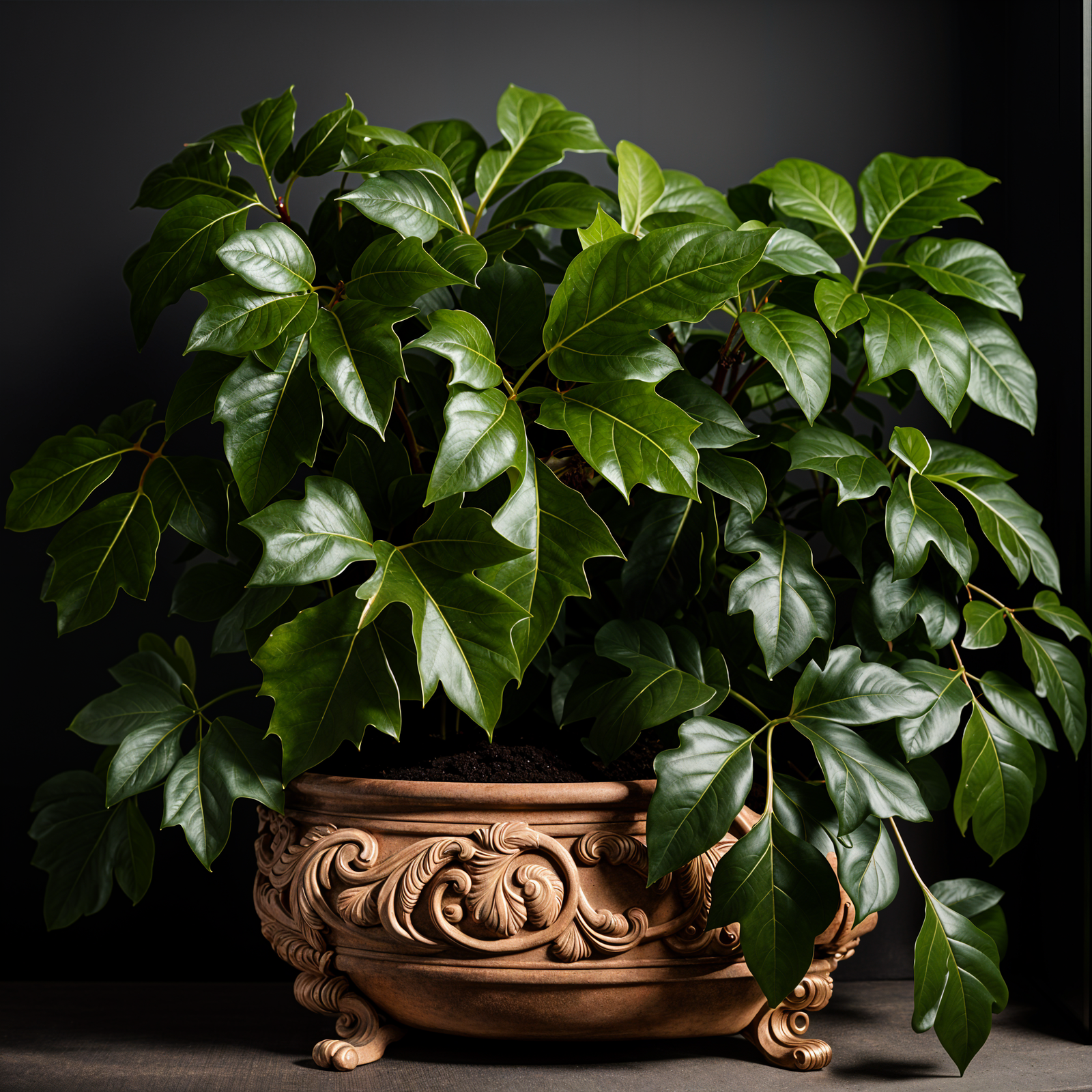 Cissus alata plant with detailed leaves in a planter, set against a dark background in clear indoor lighting.