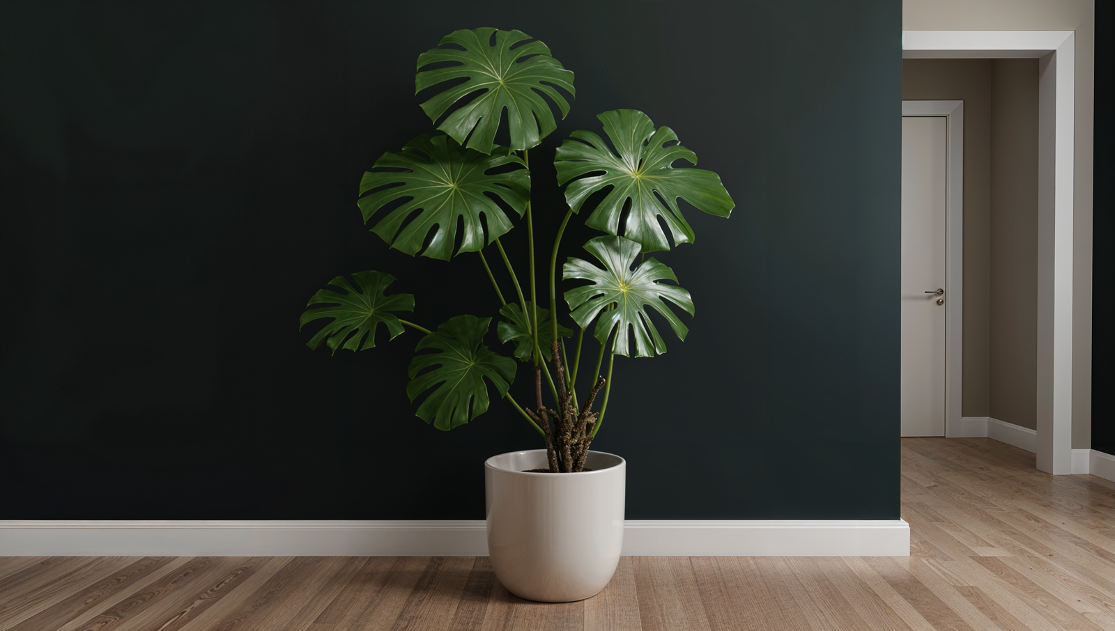 A Monstera deliciosa plant in a white pot on a wooden floor, with natural lighting highlighting its structure.