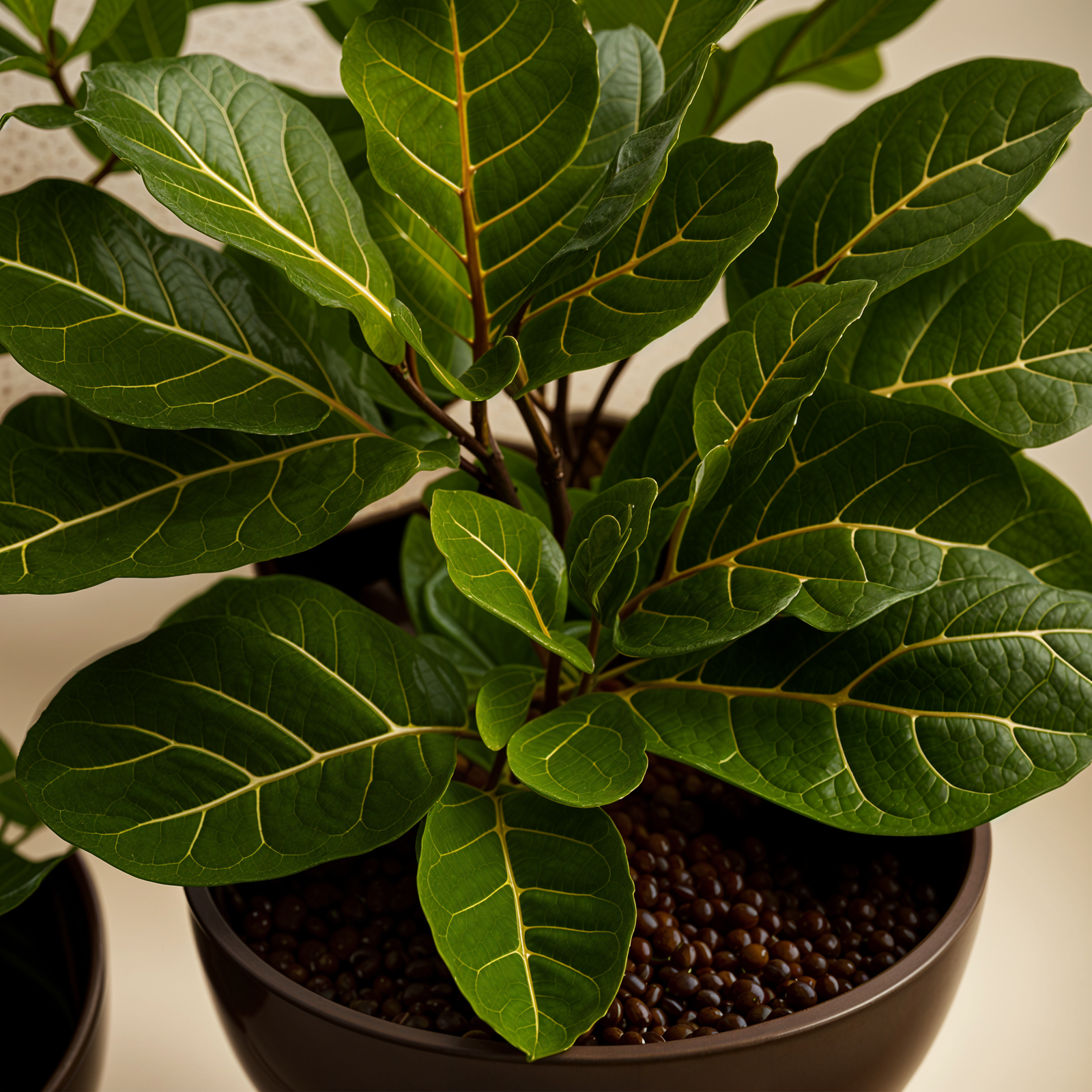 Highly detailed Ficus lyrata in a planter, with clear lighting and a dark background.