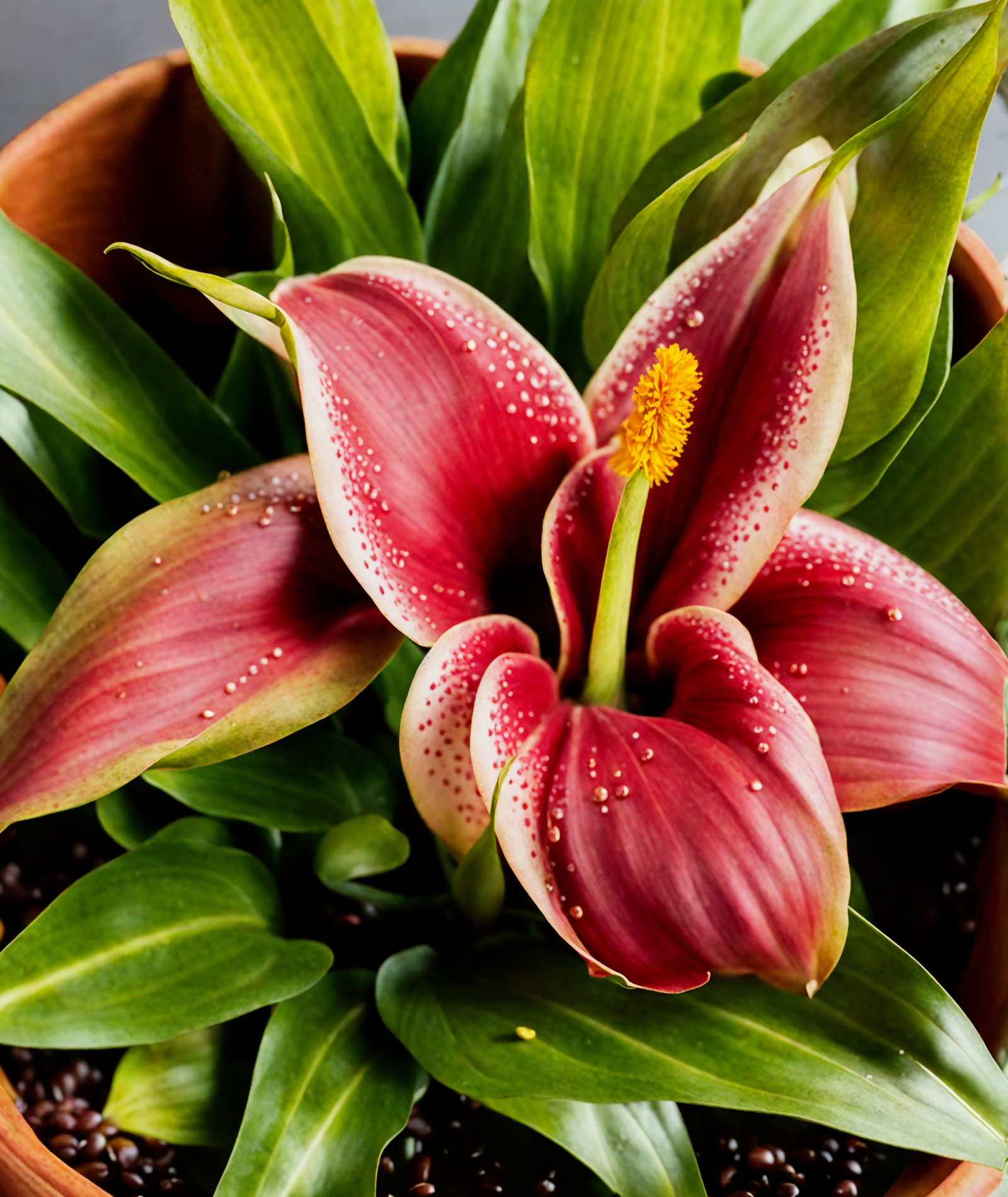 Two pink Zantedeschia aethiopica blooms in a planter with foliage, against a dark backdrop.
