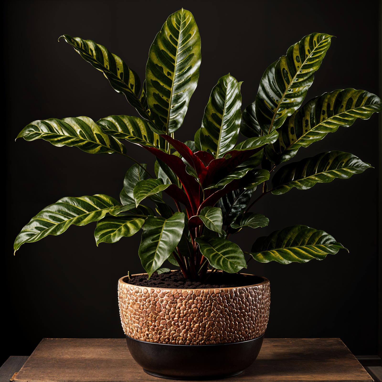 Goeppertia insignis plant with detailed leaves in a planter, set against a dark background indoors.