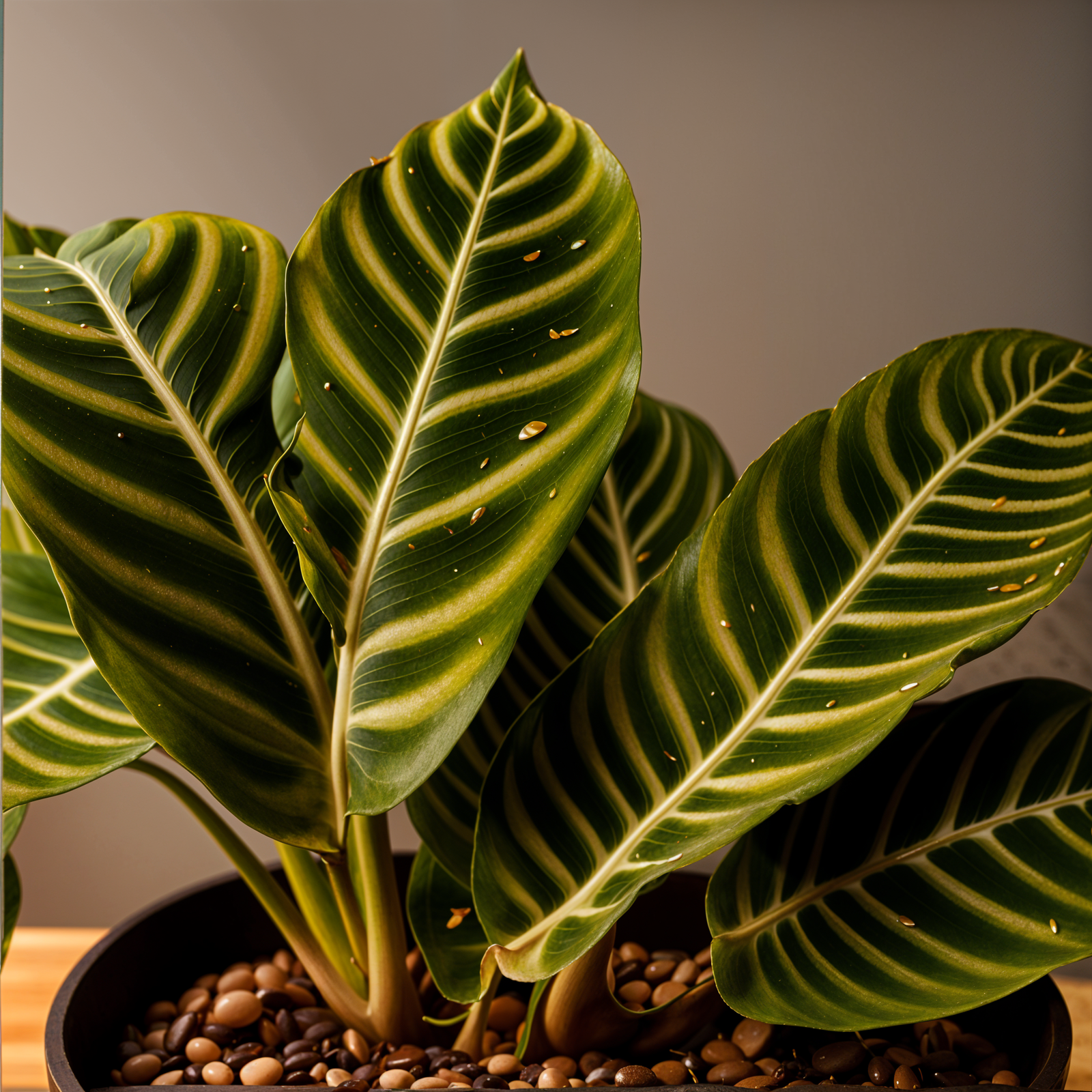 Goeppertia zebrina plant with detailed leaves in a planter, set against a dark background indoors.