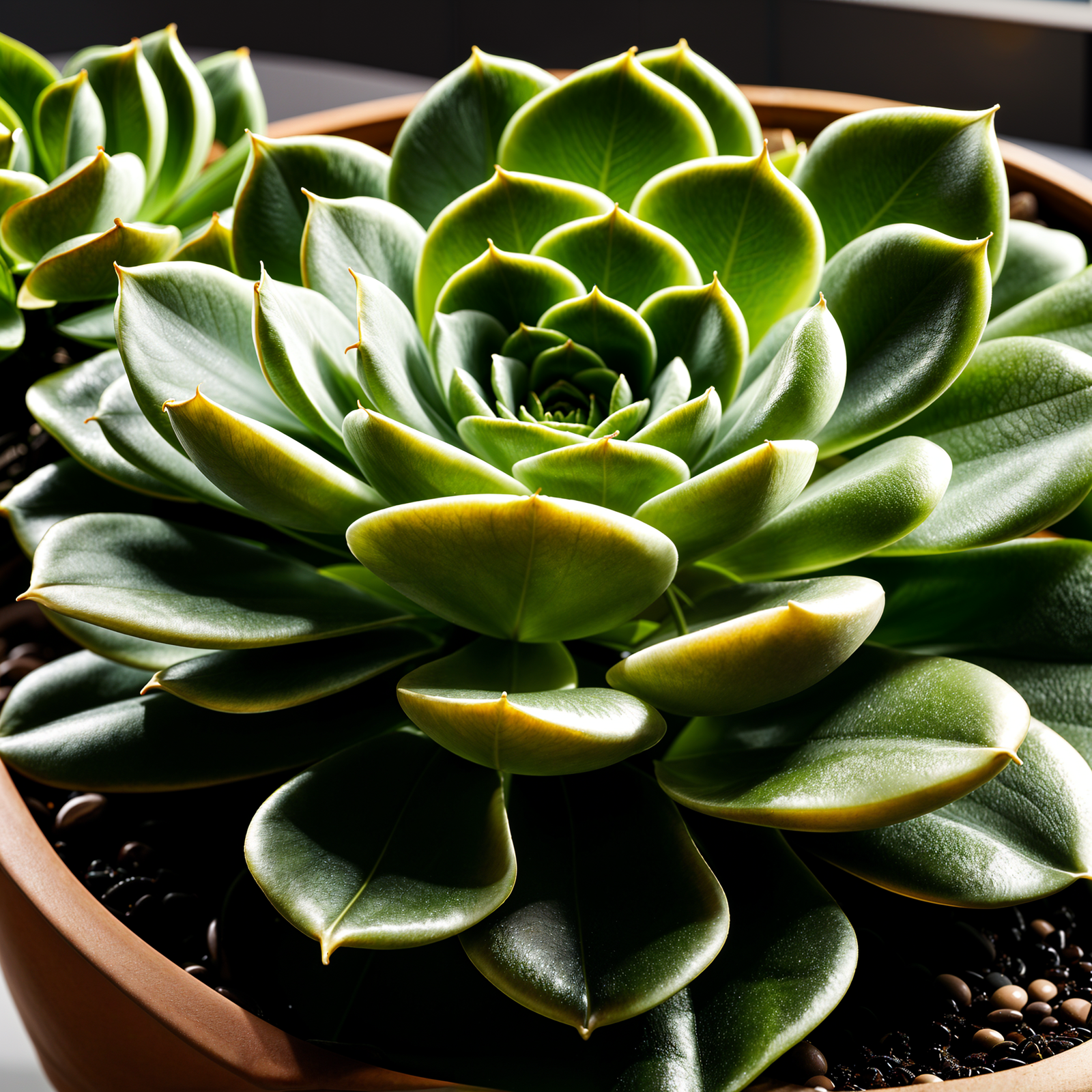 Echeveria derenbergii plant with detailed leaves in a planter, set against a dark background indoors.