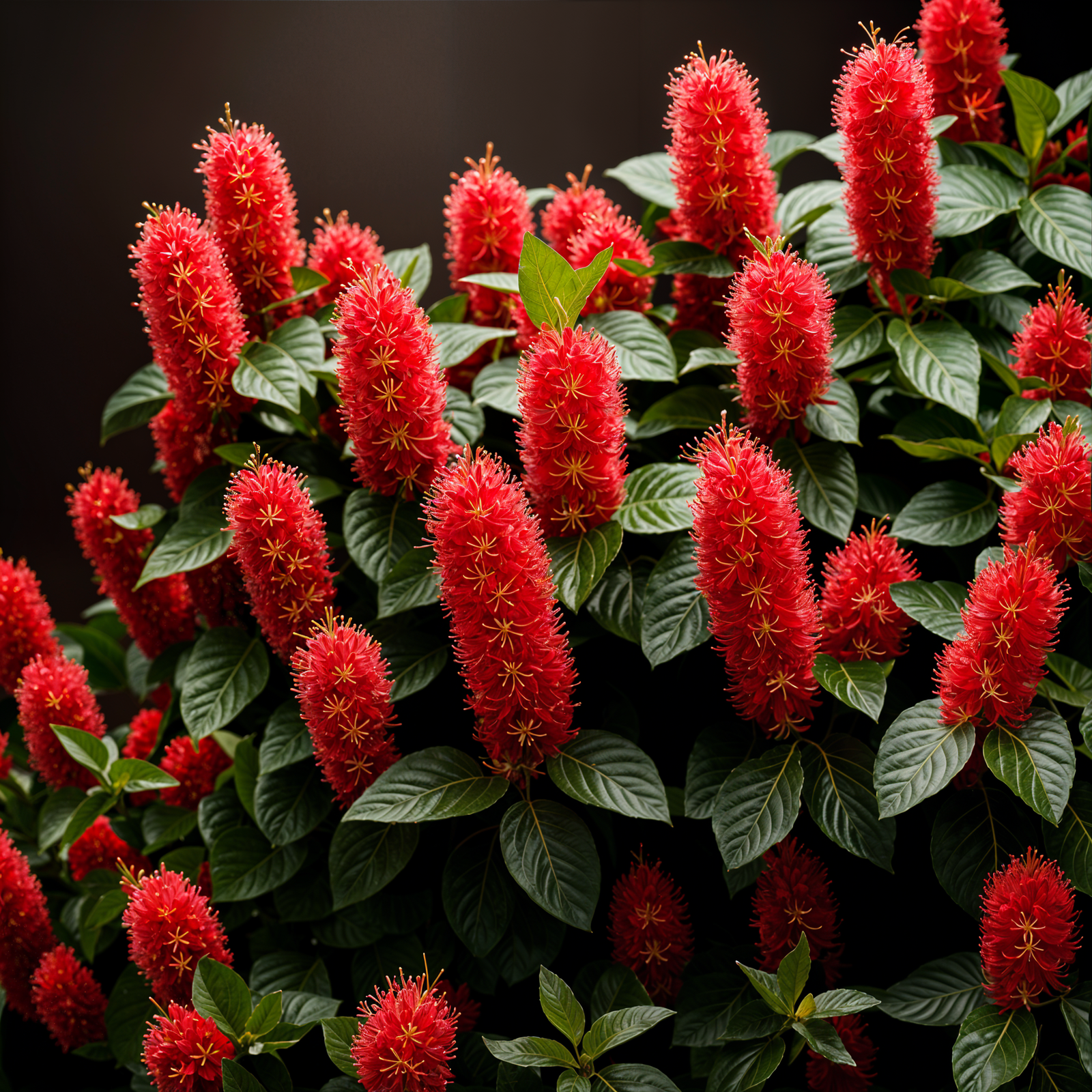 Acalypha hispida plant with flower in a planter, set against a dark background in clear lighting.