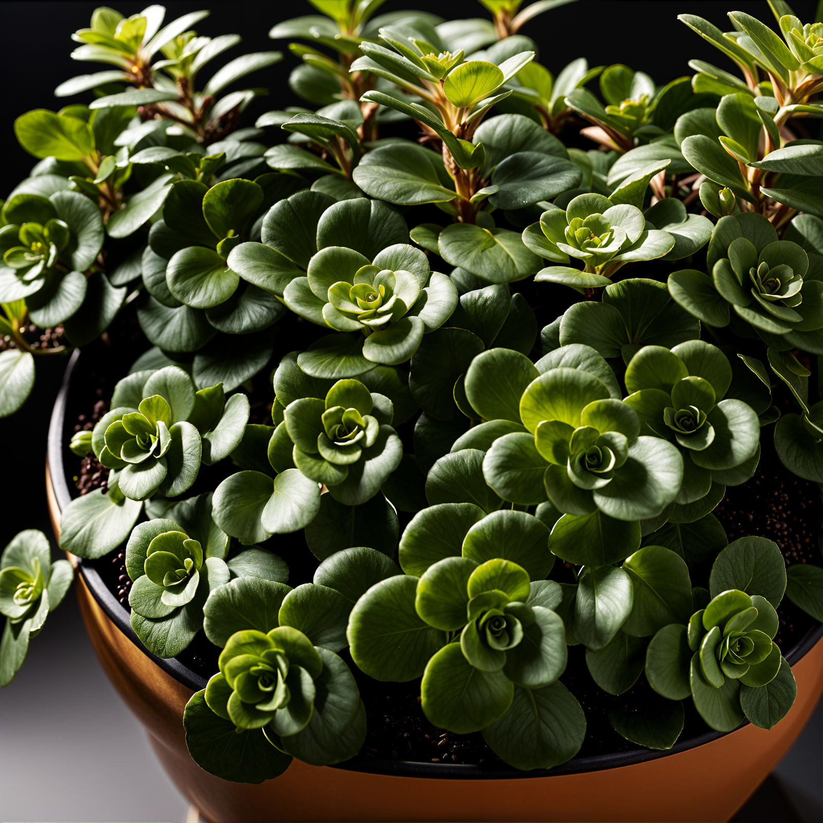 Sedum ternatum plant with detailed leaves in a planter, set against a dark background in clear indoor lighting.