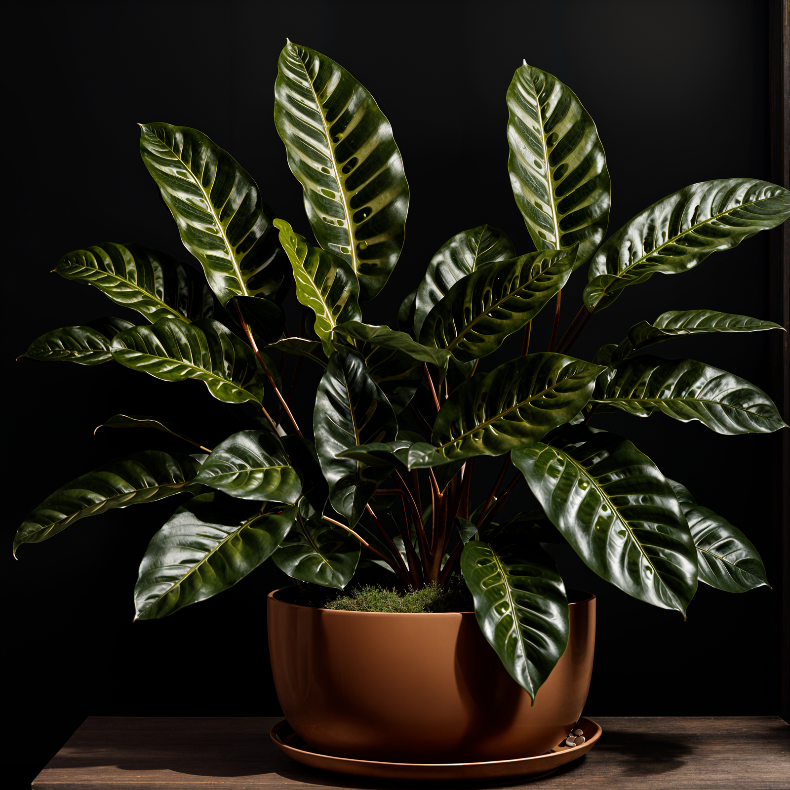 Goeppertia insignis plant with detailed leaves in a planter, under clear indoor lighting.