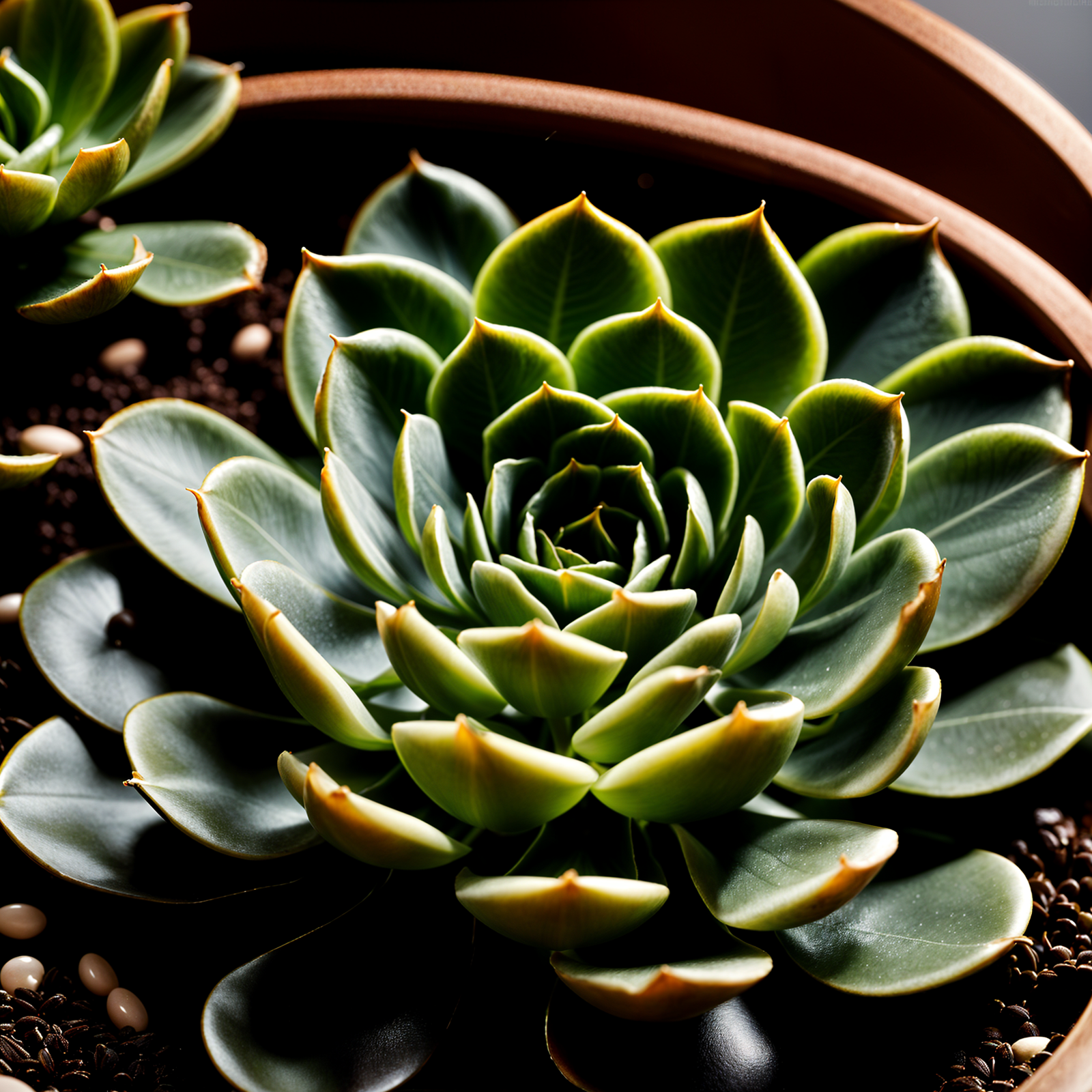 Echeveria elegans plant with detailed leaves in a planter, set against a dark background indoors.