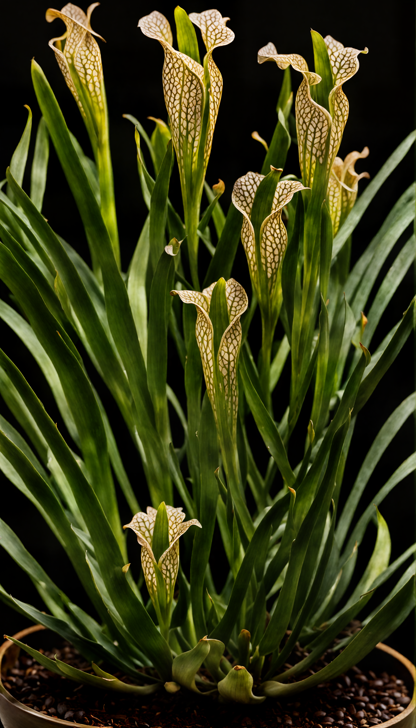 Sarracenia leucophylla, a pitcher plant, in a planter with clear lighting and a dark background.