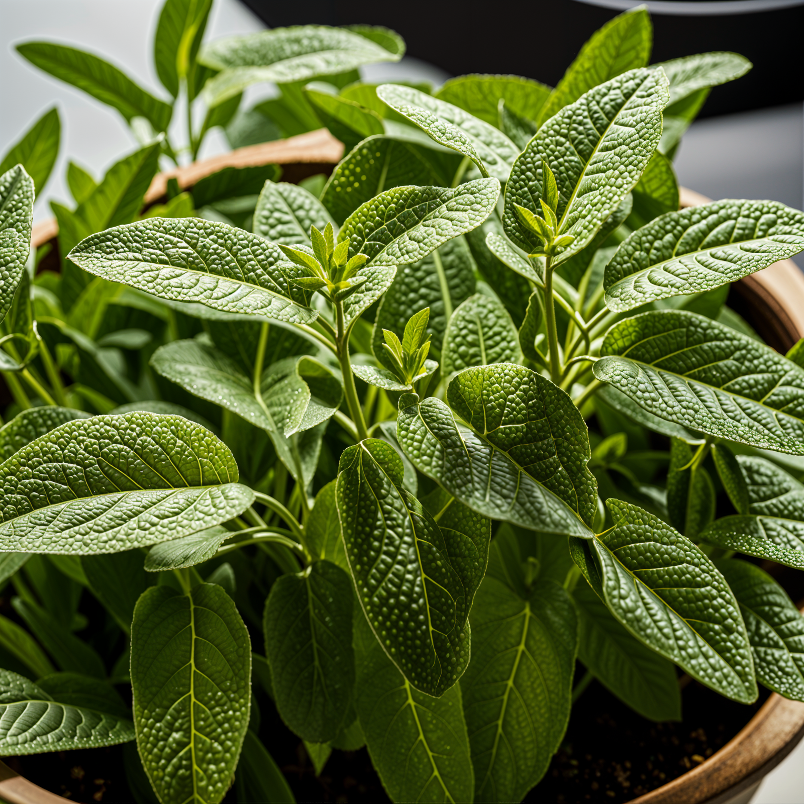 Highly detailed Salvia officinalis (sage) in a planter, with clear lighting and a dark background.