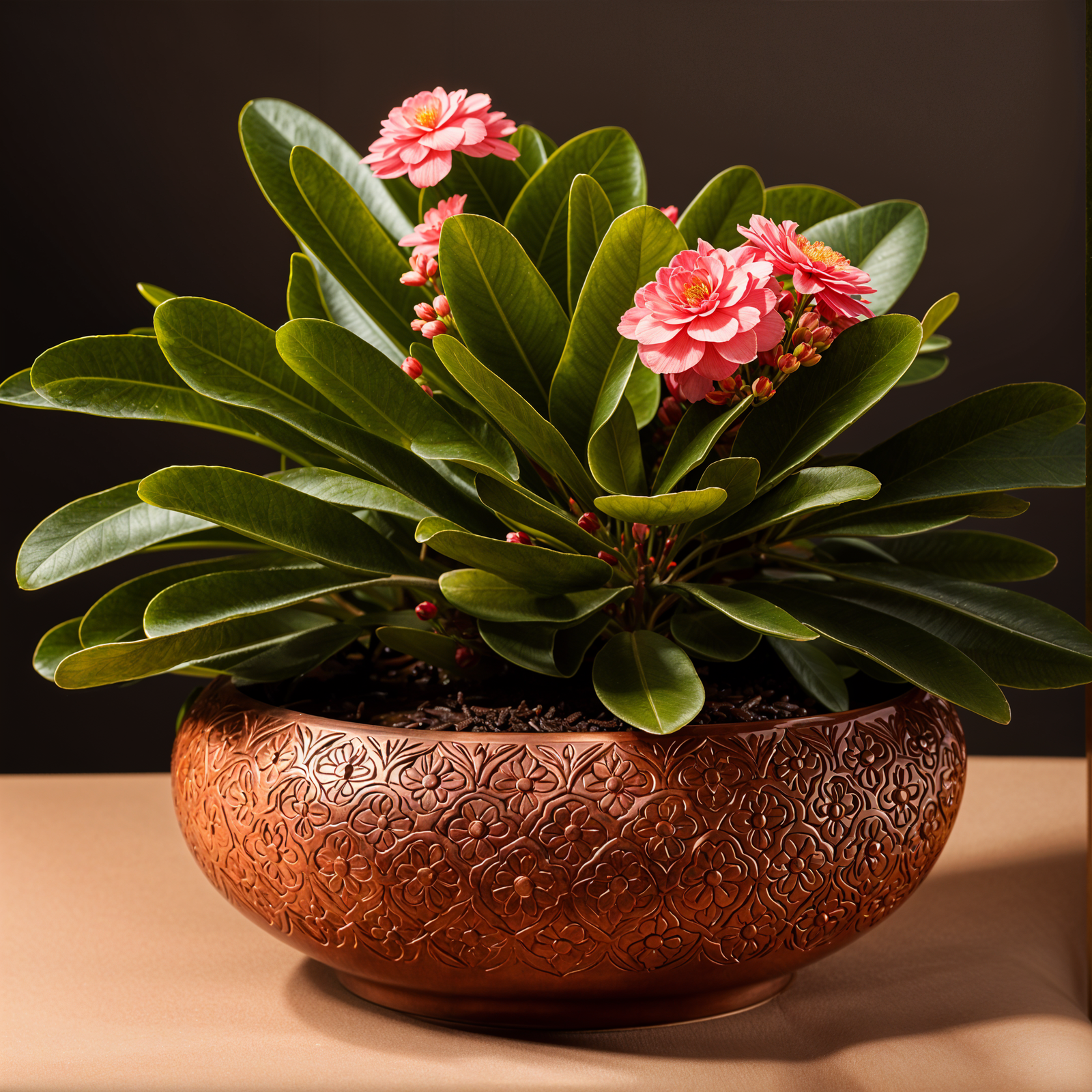 Highly detailed Euphorbia milii plant with flowers in a planter, set against a dark background.