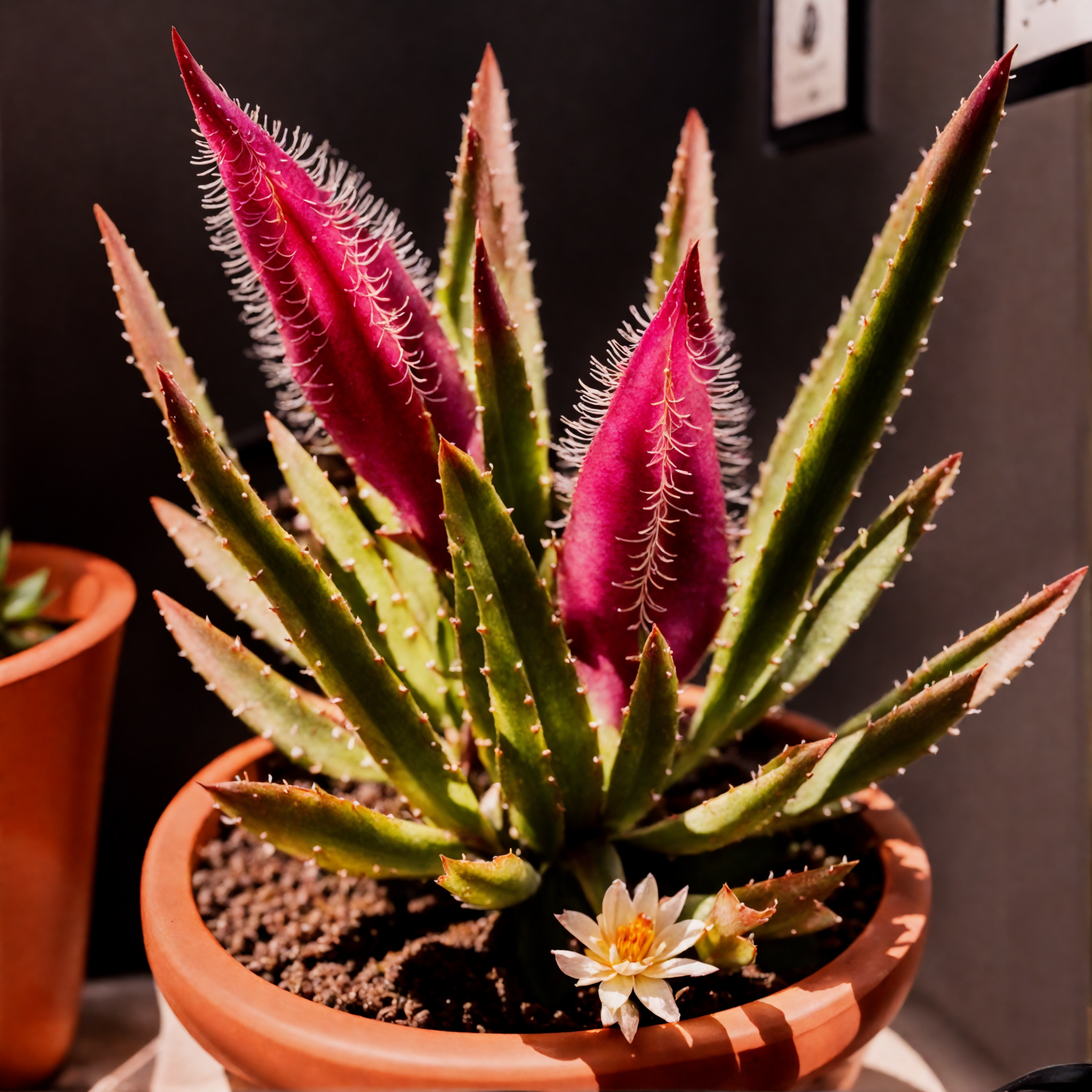 Stapelia hirsuta with pink blooms in a bowl planter on a table, clear lighting, dark background.