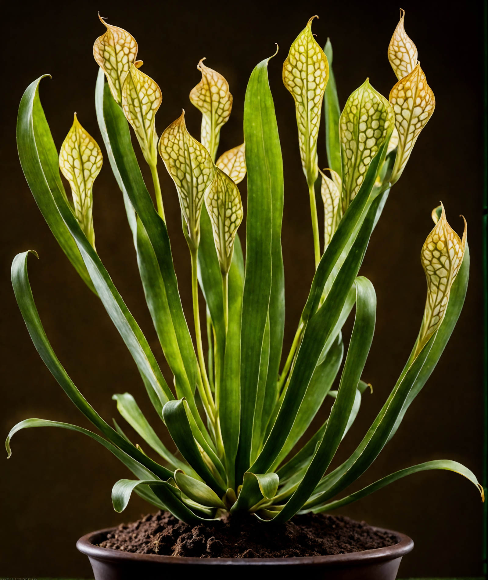 Trio of Sarracenia leucophylla in a bowl, with foliage behind, in clear, neutral-lit indoor setting.