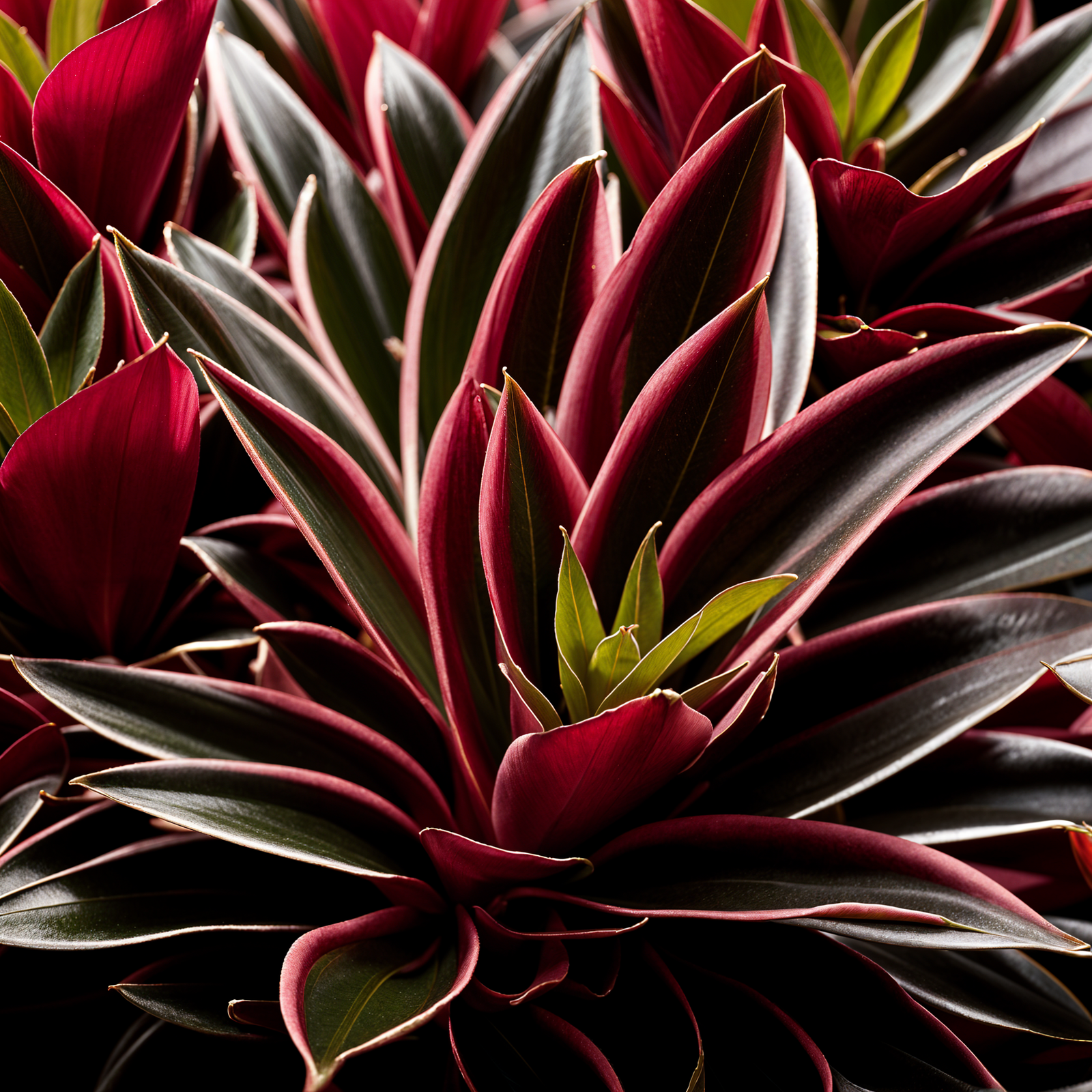 Tradescantia spathacea plant in a planter, detailed leaves, in a well-lit indoor setting.