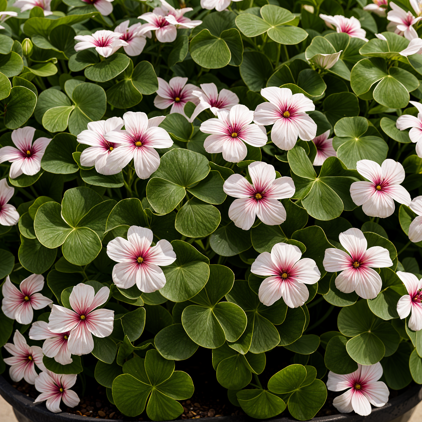 Oxalis articulata plant with flower in a planter, under clear lighting with a dark background.