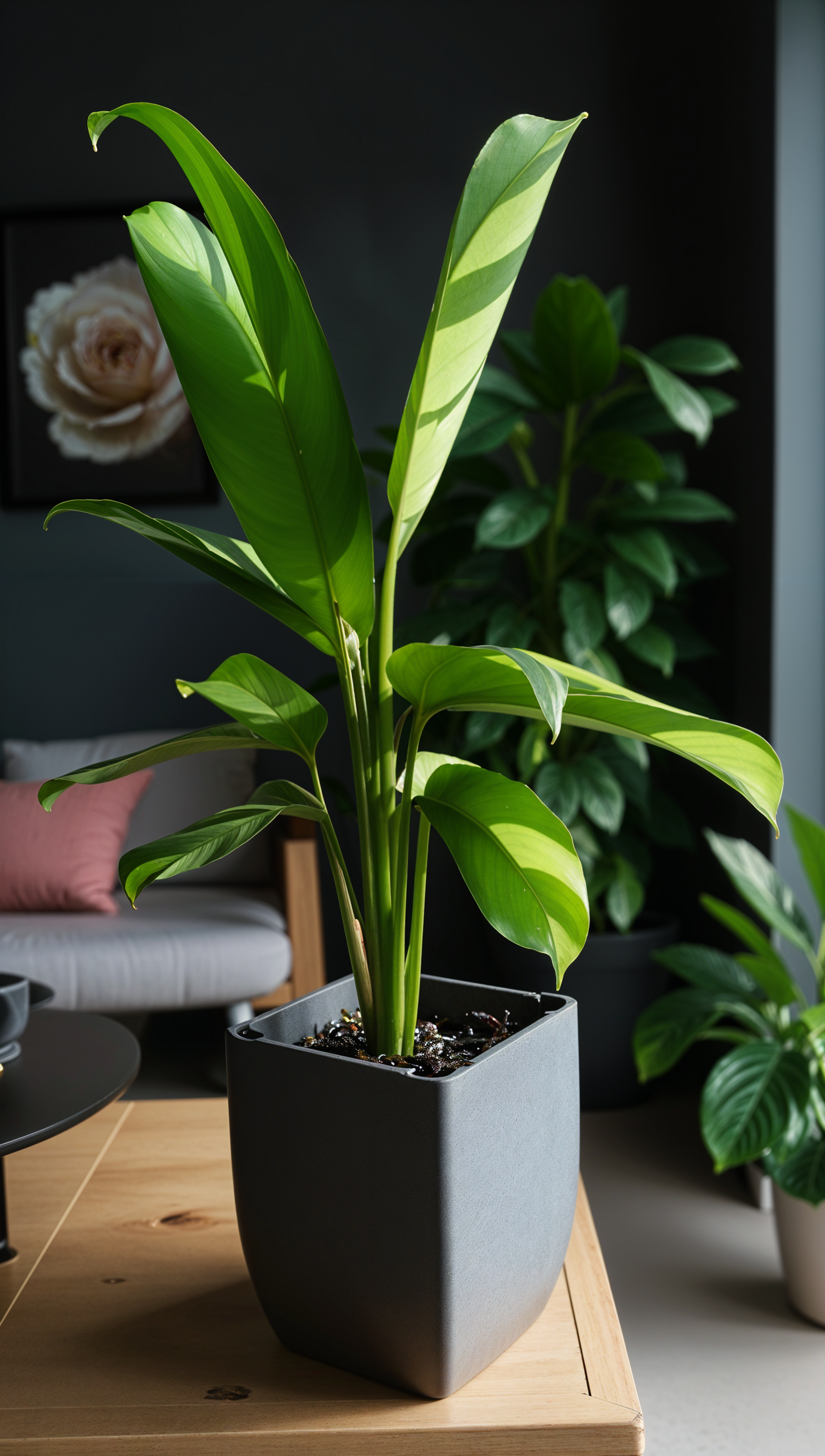 A potted Ctenanthe lubbersiana, with its distinctive leaves, sits on a wooden table in a clean and minimalist room, illuminated by natural light.