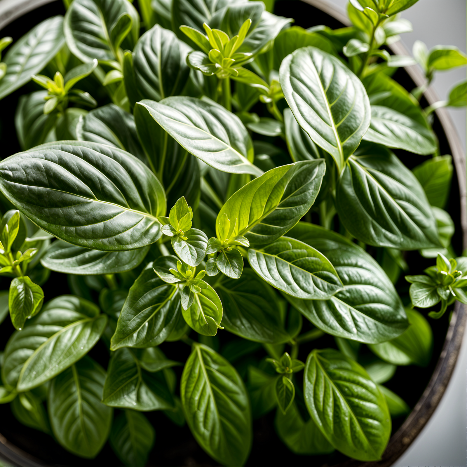 Highly detailed Ocimum basilicum (basil) in a planter, with clear lighting and a dark background.