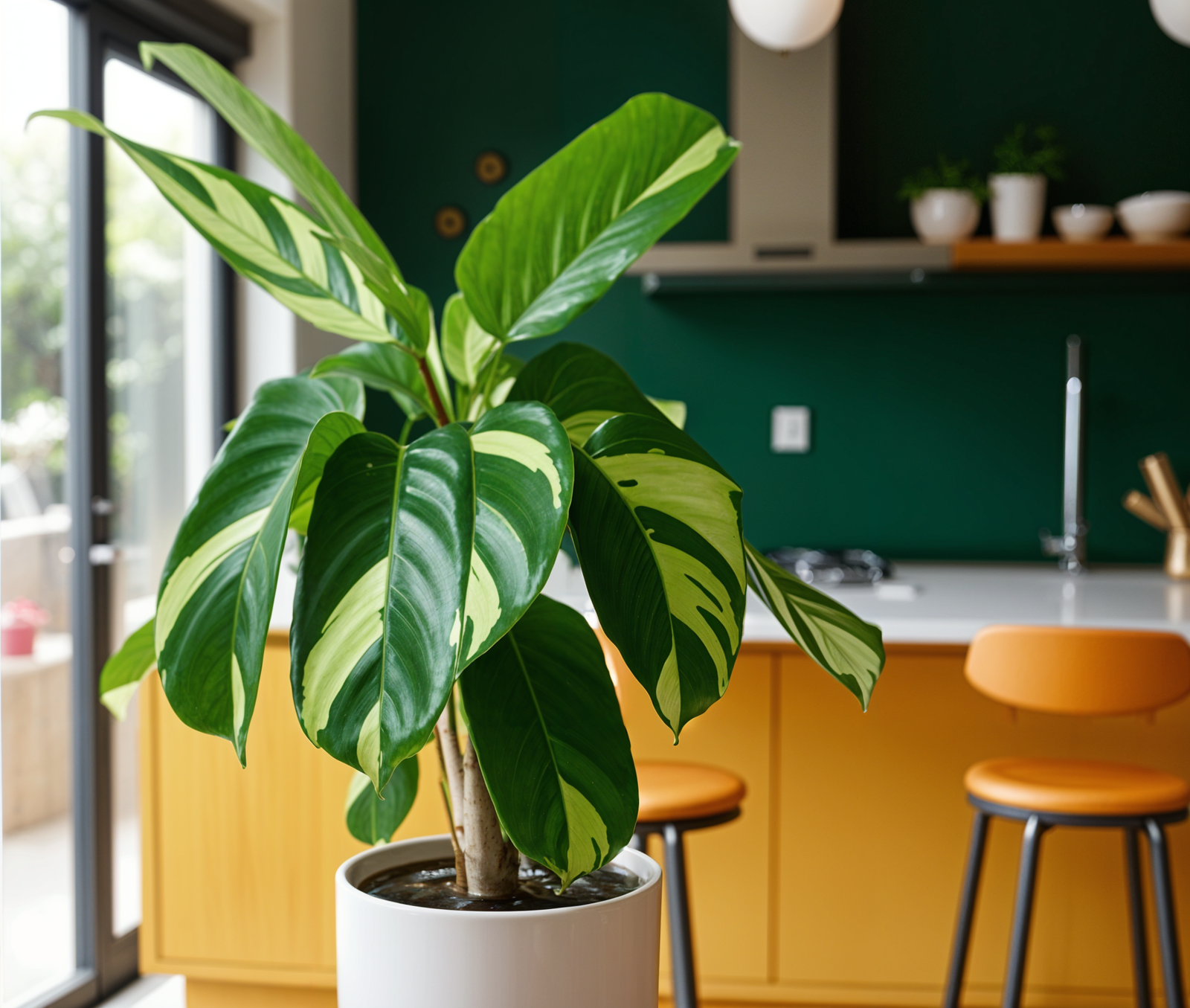 A green Ctenanthe lubbersiana plant in a white pot on a table with natural lighting.