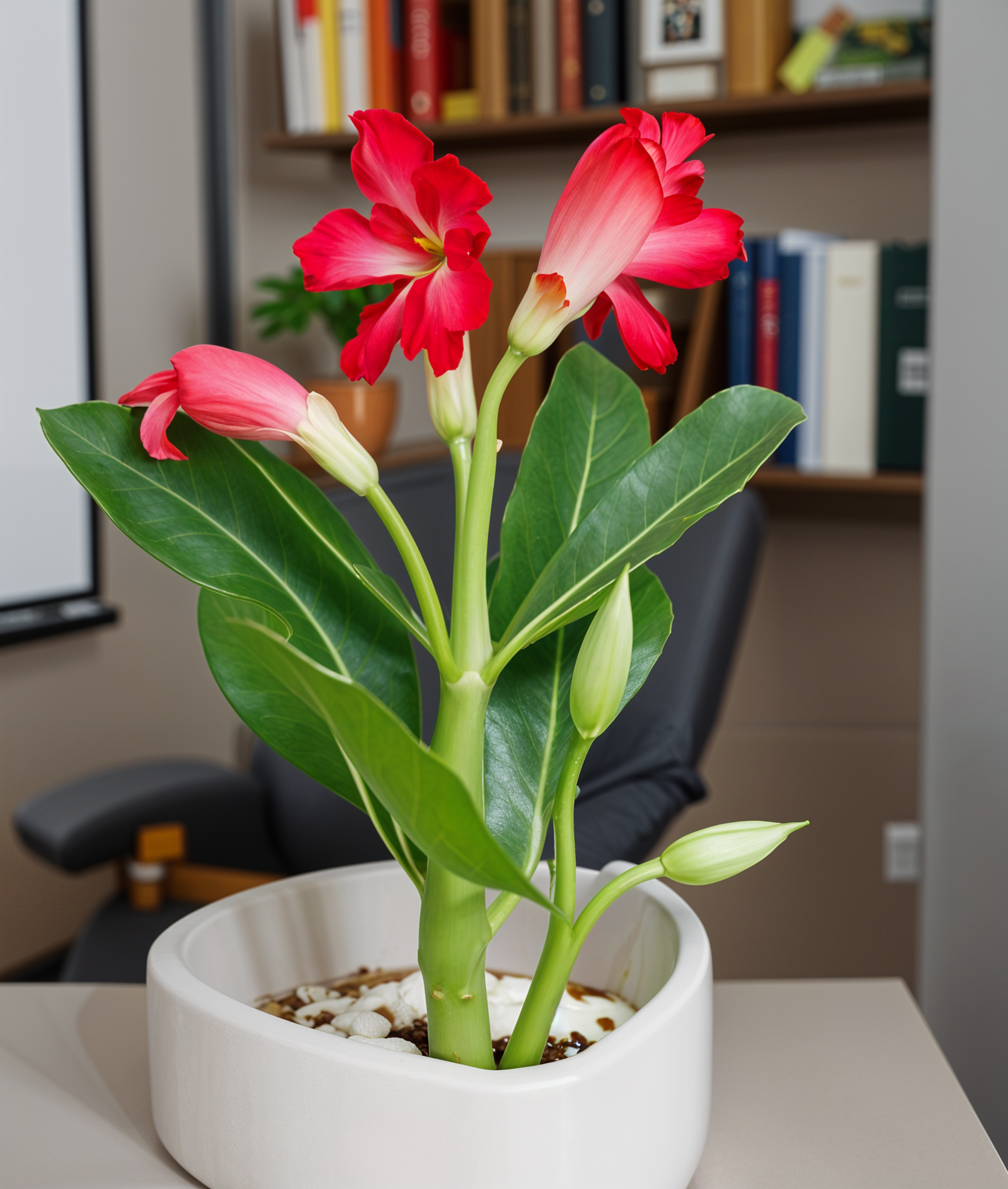 A potted Adenium obesum with red flowers, set in a modern planter against a clean gray backdrop.