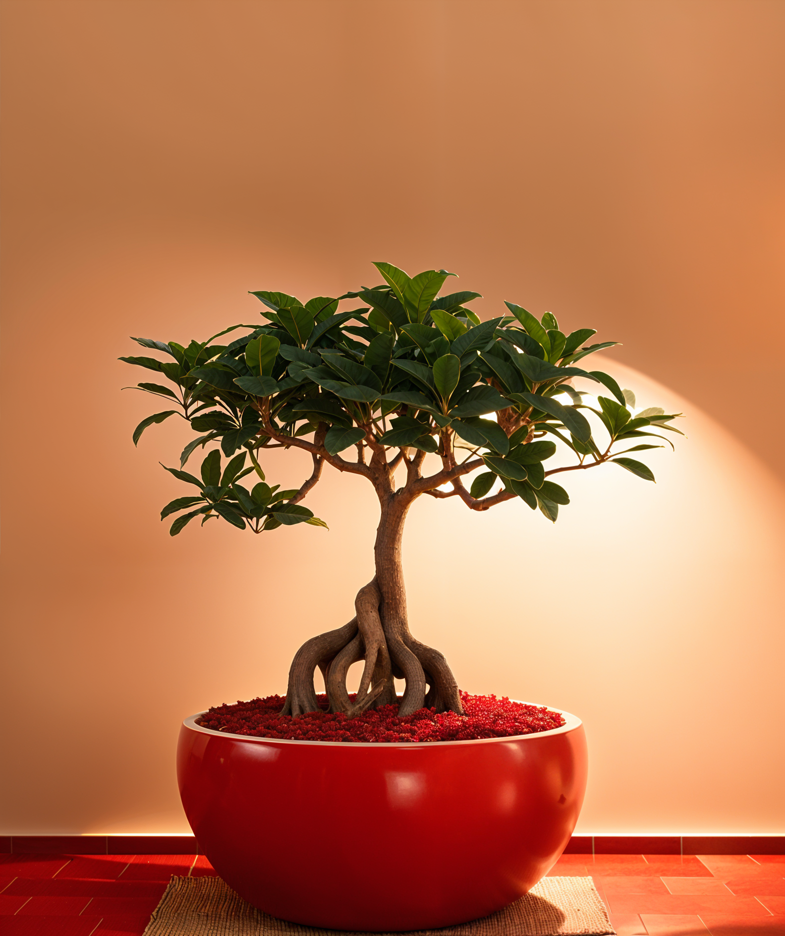 Highly detailed Ficus microcarpa in a planter, integrated into a coastal-style indoor decor.