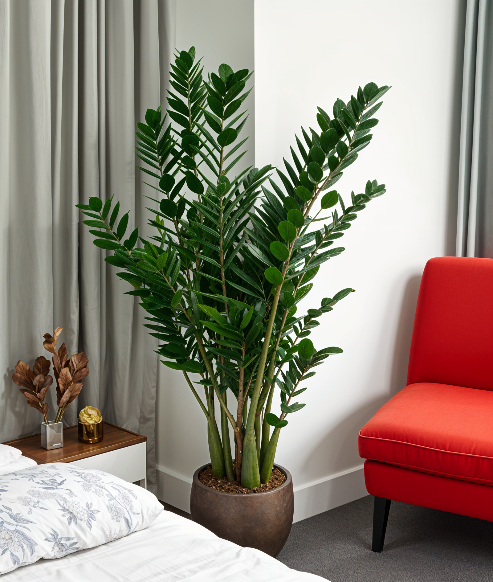 A fire engine red accent chair with a Zamioculcas zamiifolia plant in a modern planter, set against a Space cadet color bedroom wall.