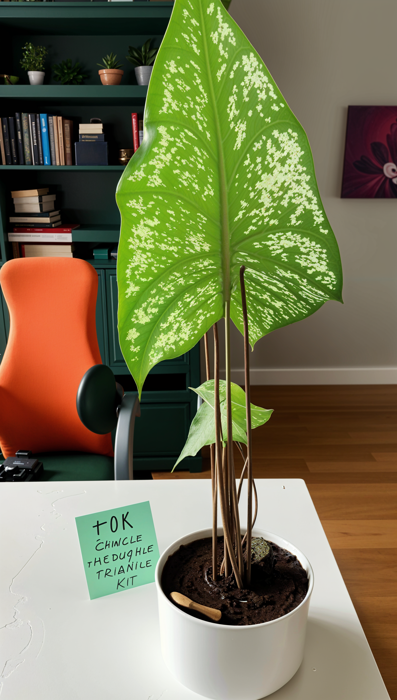 A potted Caladium bicolor plant sitting on a white table with natural lighting highlighting its structure.