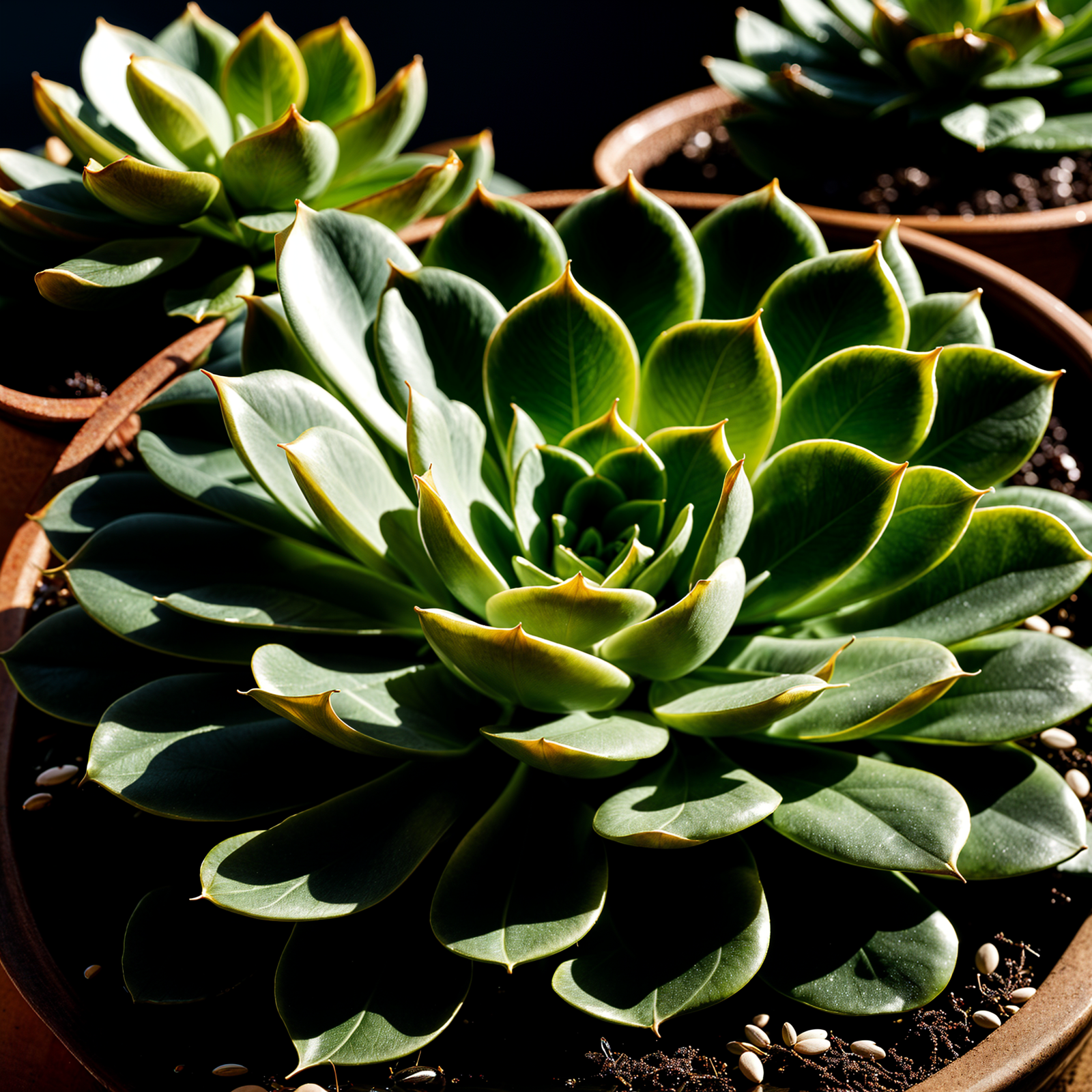 Echeveria derenbergii in a planter, with detailed leaves, under clear indoor lighting, dark background.