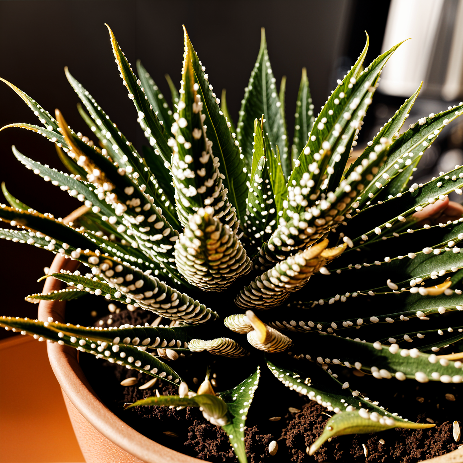 Haworthiopsis fasciata plant in a planter, detailed leaves, part of indoor decor, under clear lighting.