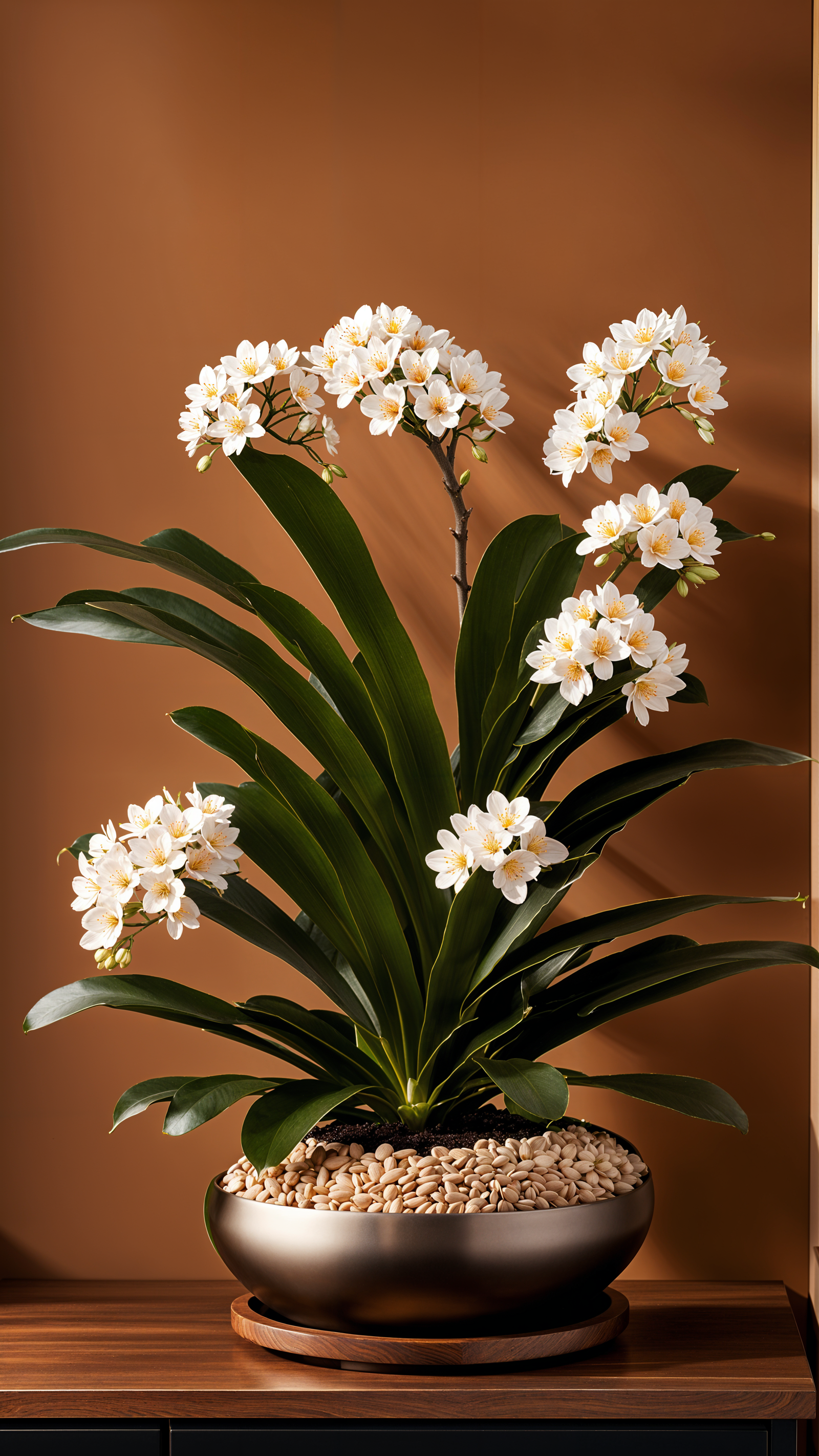 Clivia miniata plant with flower in a planter, placed in a vintage-style indoor decor with neutral colors.