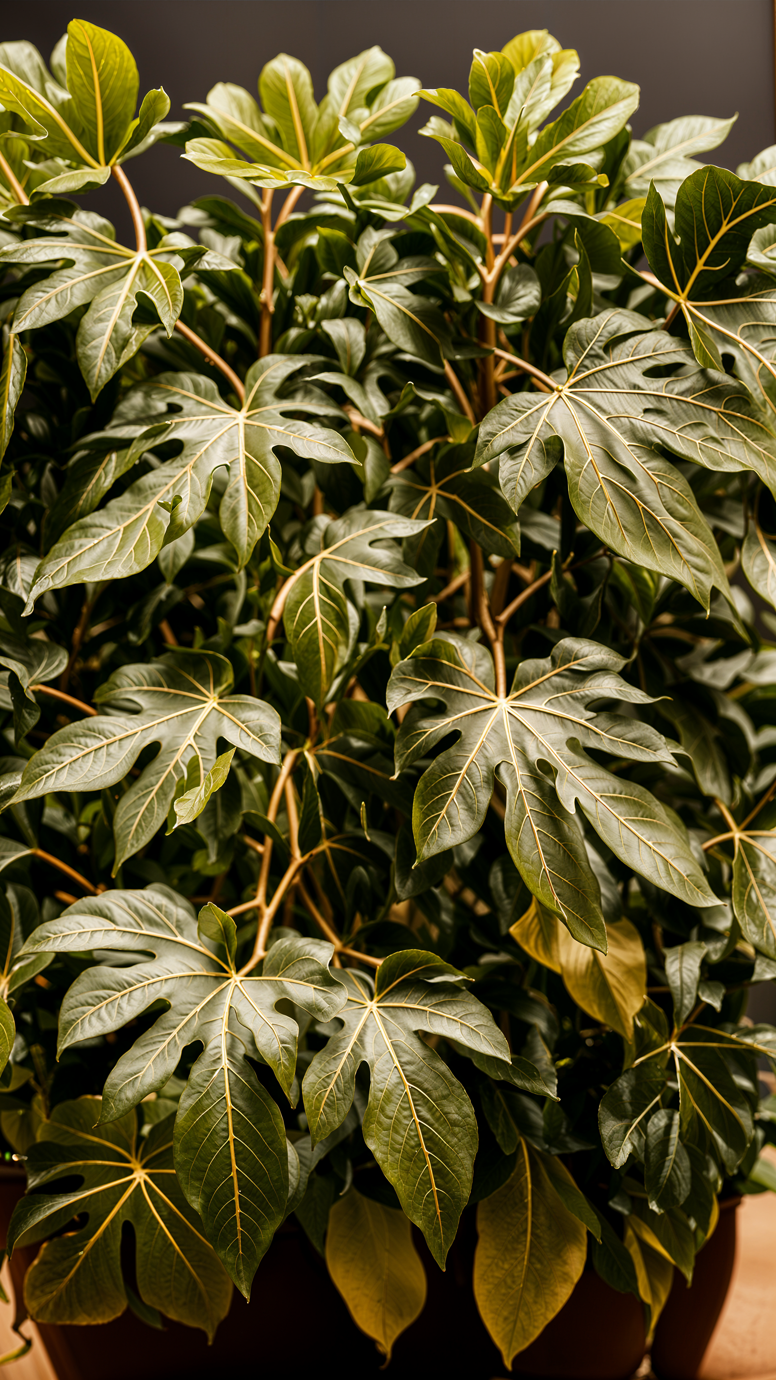 Fatsia japonica plant in a planter, detailed leaves, part of indoor décor, under clear lighting.