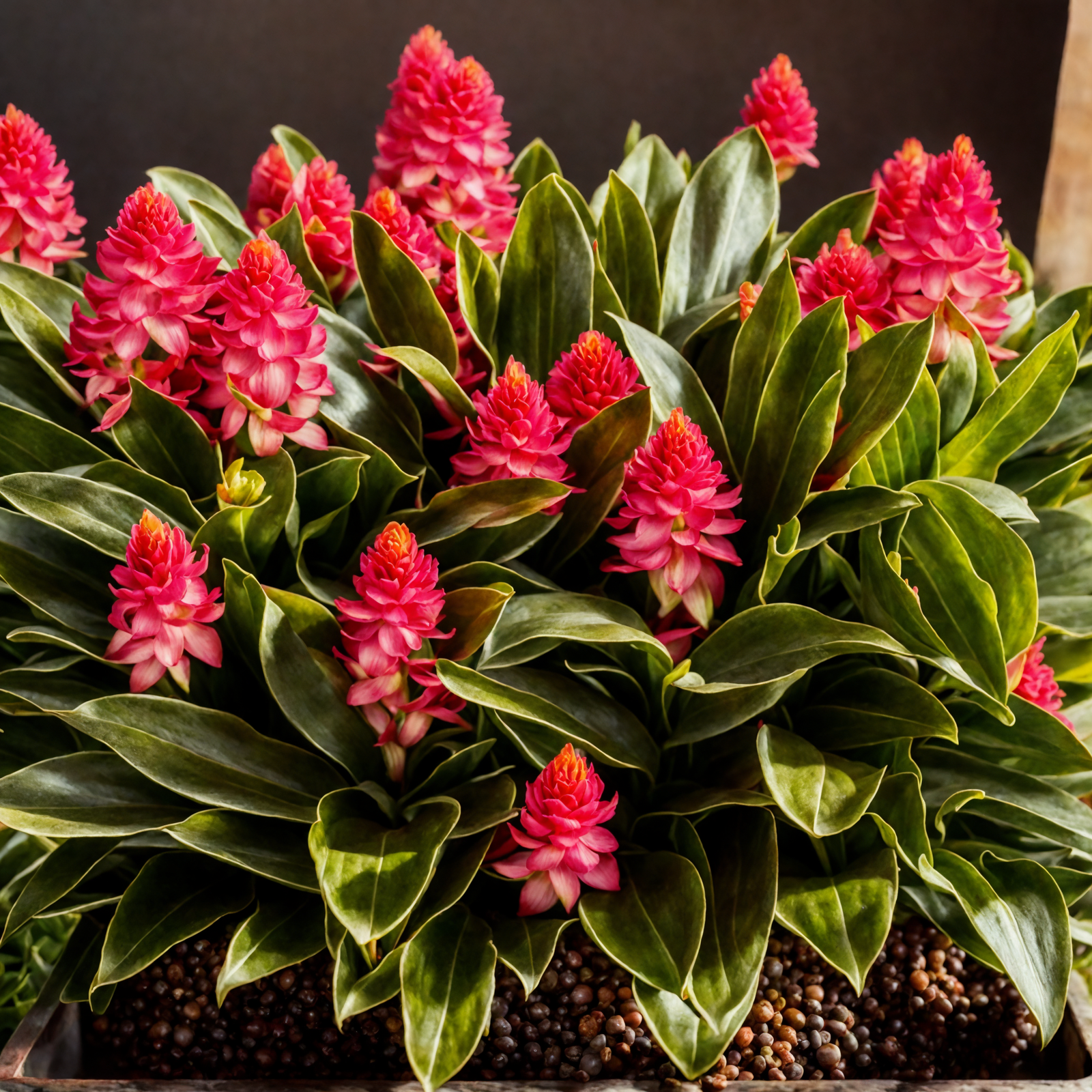 Cluster of pink Zingiber zerumbet flowers in soil, with clear lighting against a dark background.