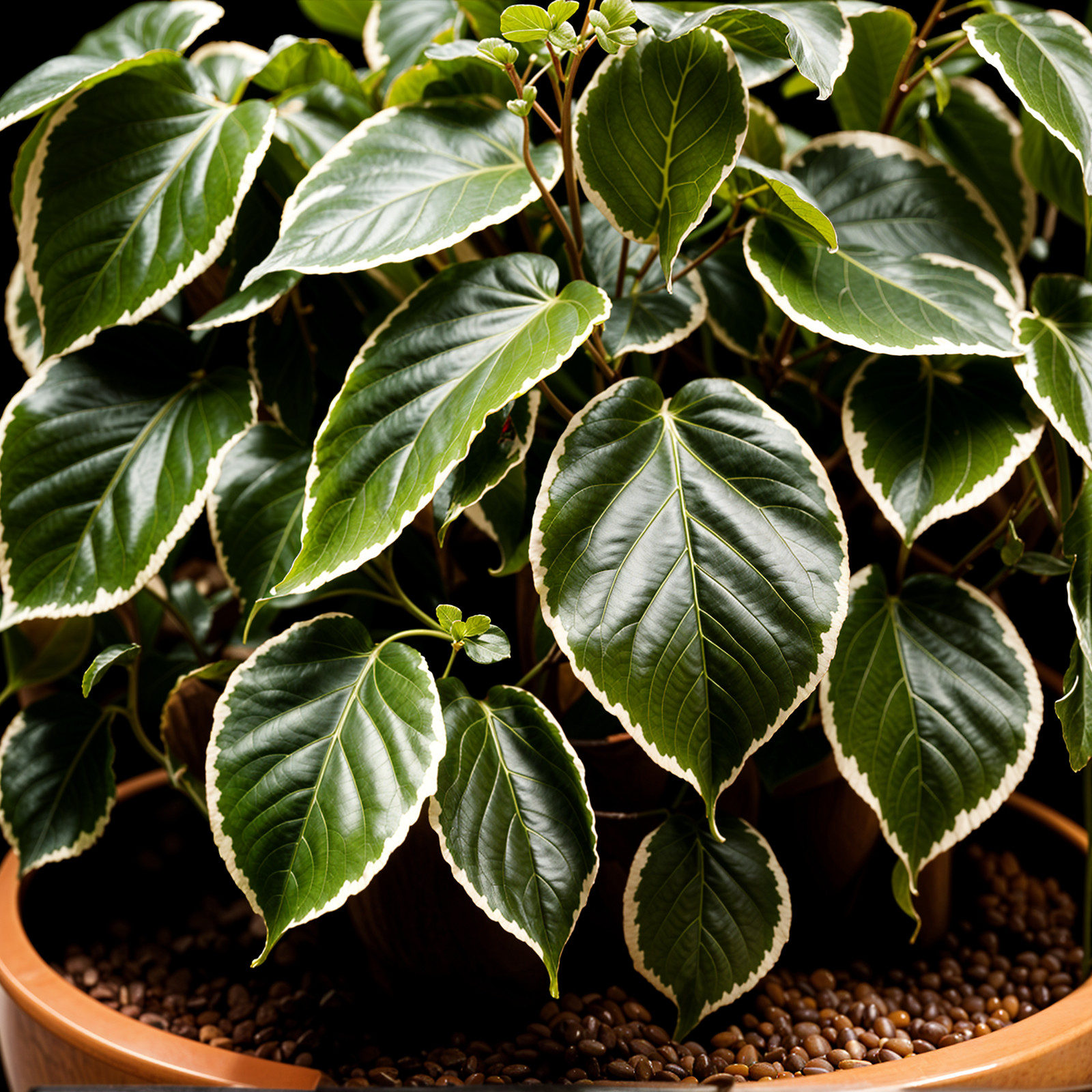 Acalypha wilkesiana plant with detailed leaves in a planter, set against a dark background indoors.