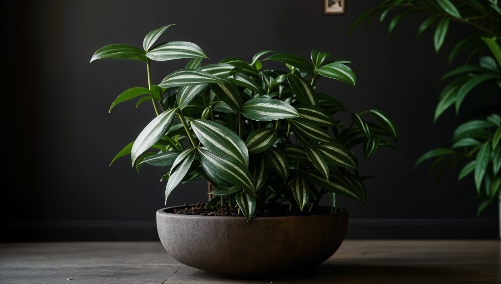 A Tradescantia zebrina plant in a modern planter, centered on a wooden table with natural lighting.