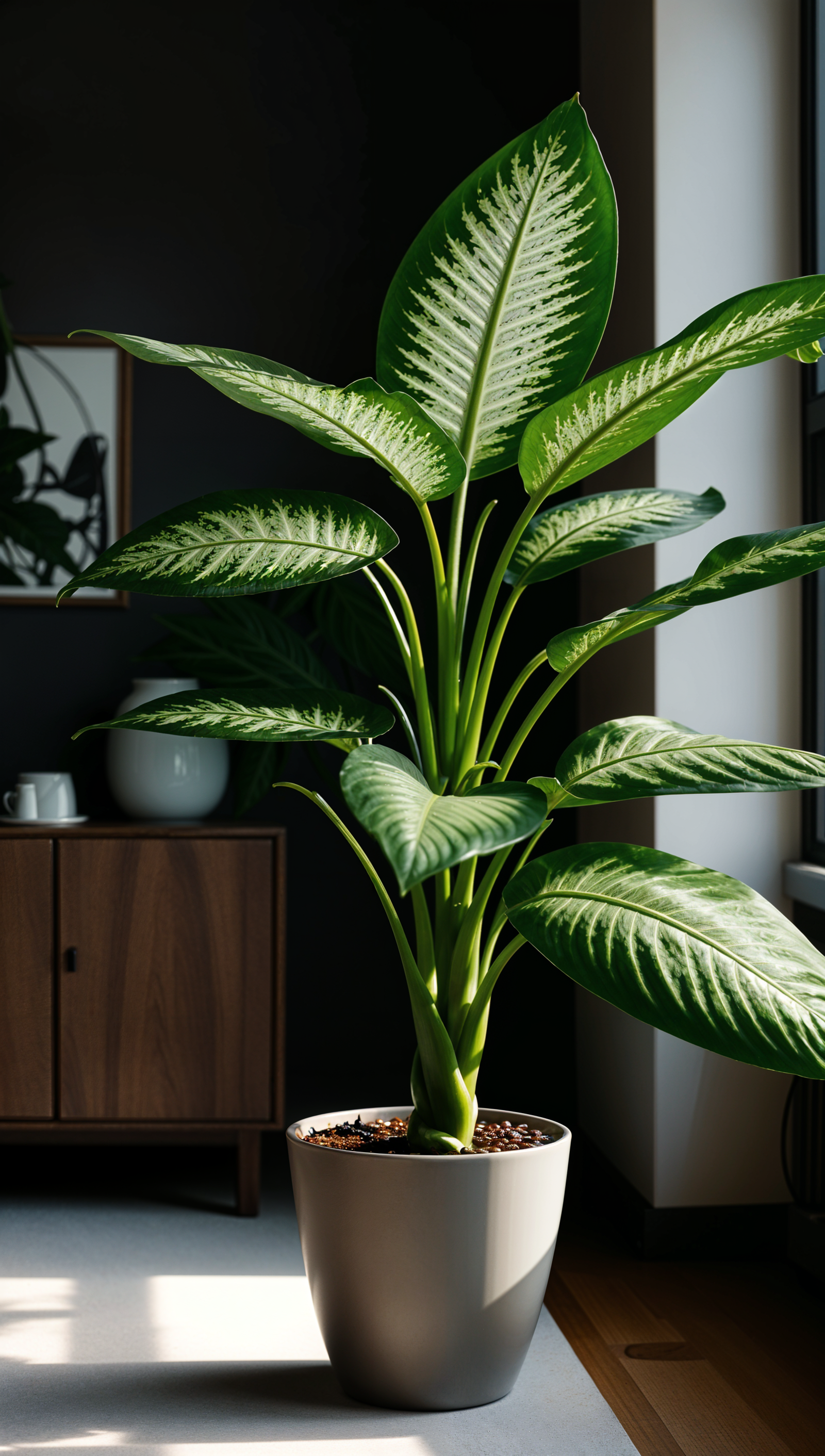 A large green Dieffenbachia seguine plant in a white pot, centered in a clean modern room under natural lighting.