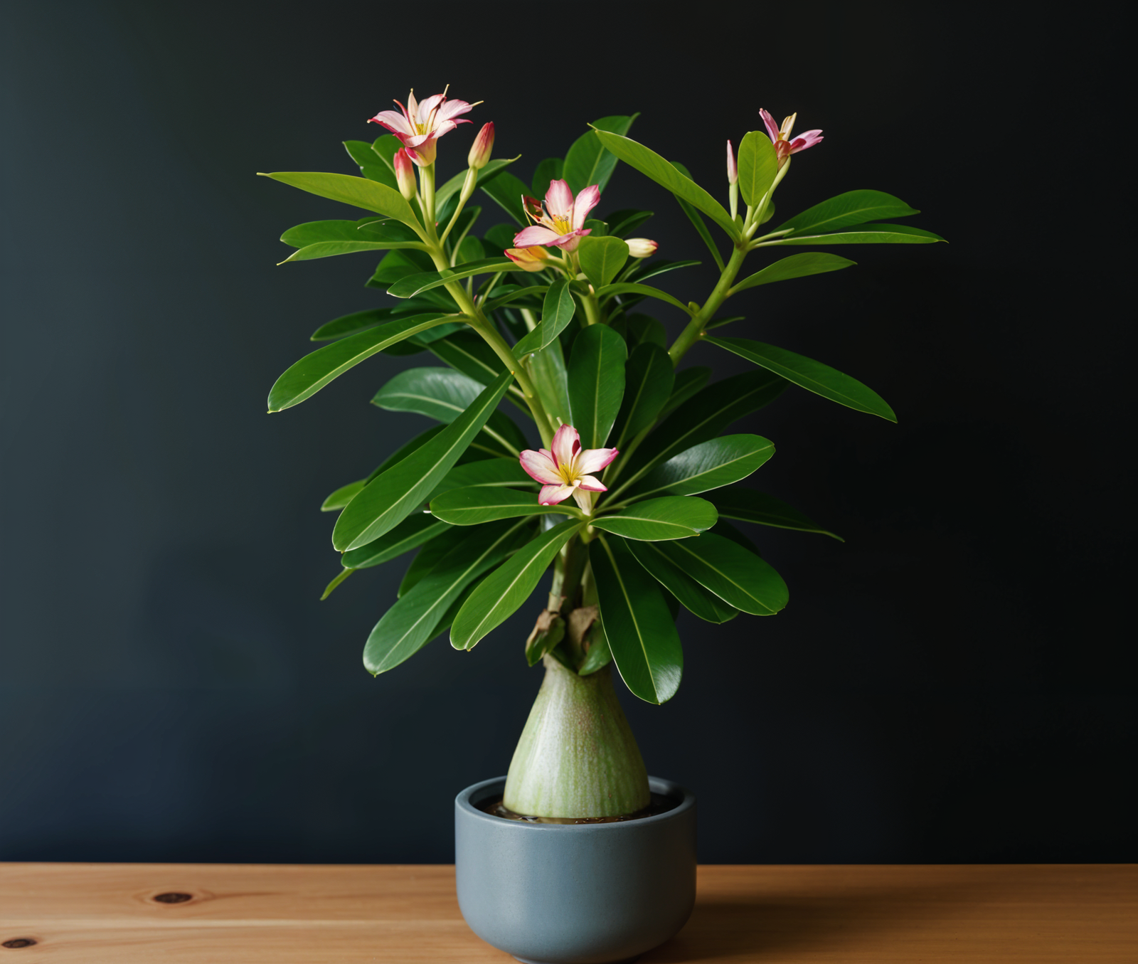 A potted Adenium obesum (TOK) plant with a distinctive shape, sitting on a wooden table in a clean, minimal room with natural lighting.