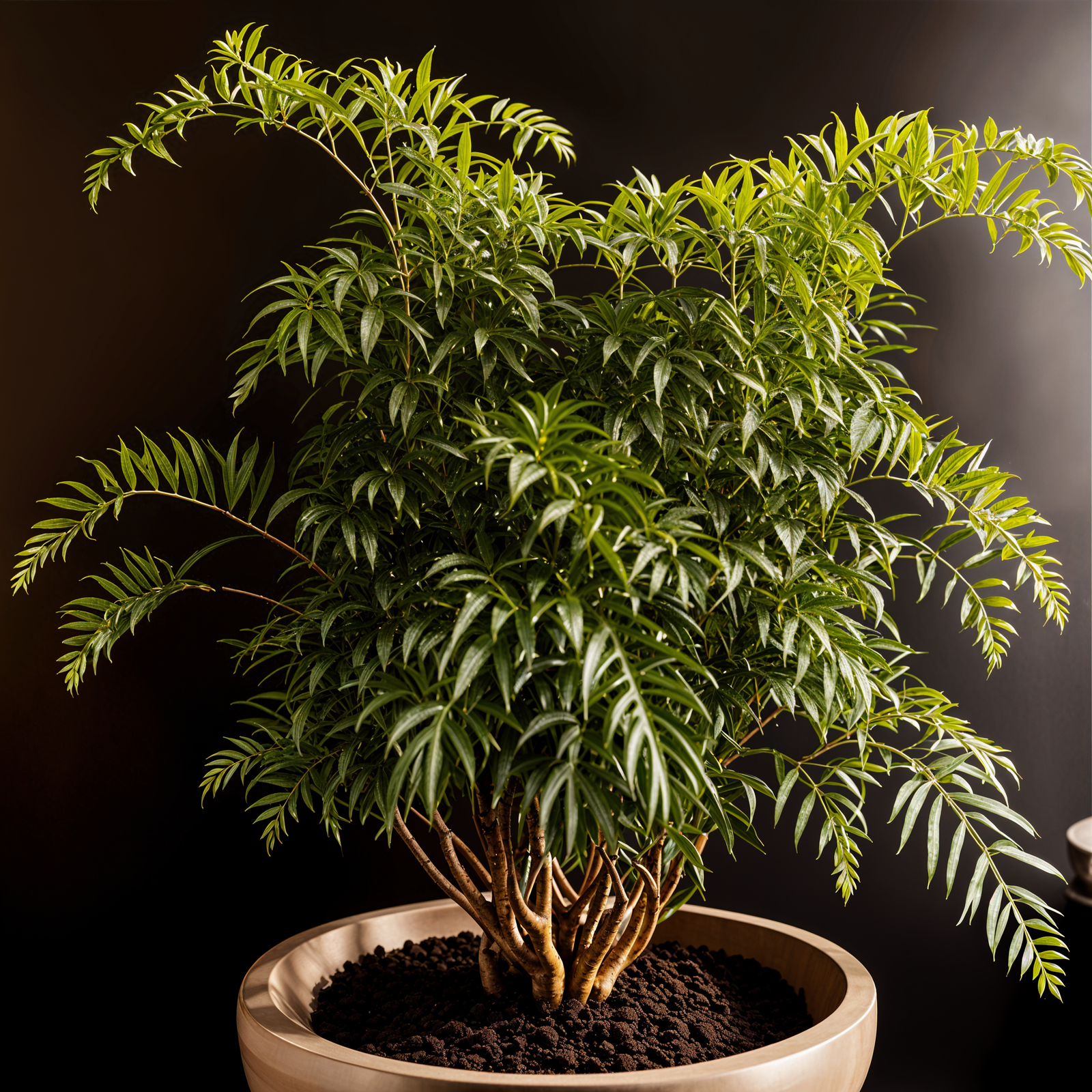 Polyscias fruticosa plant with detailed leaves in a planter, set against a dark background indoors.